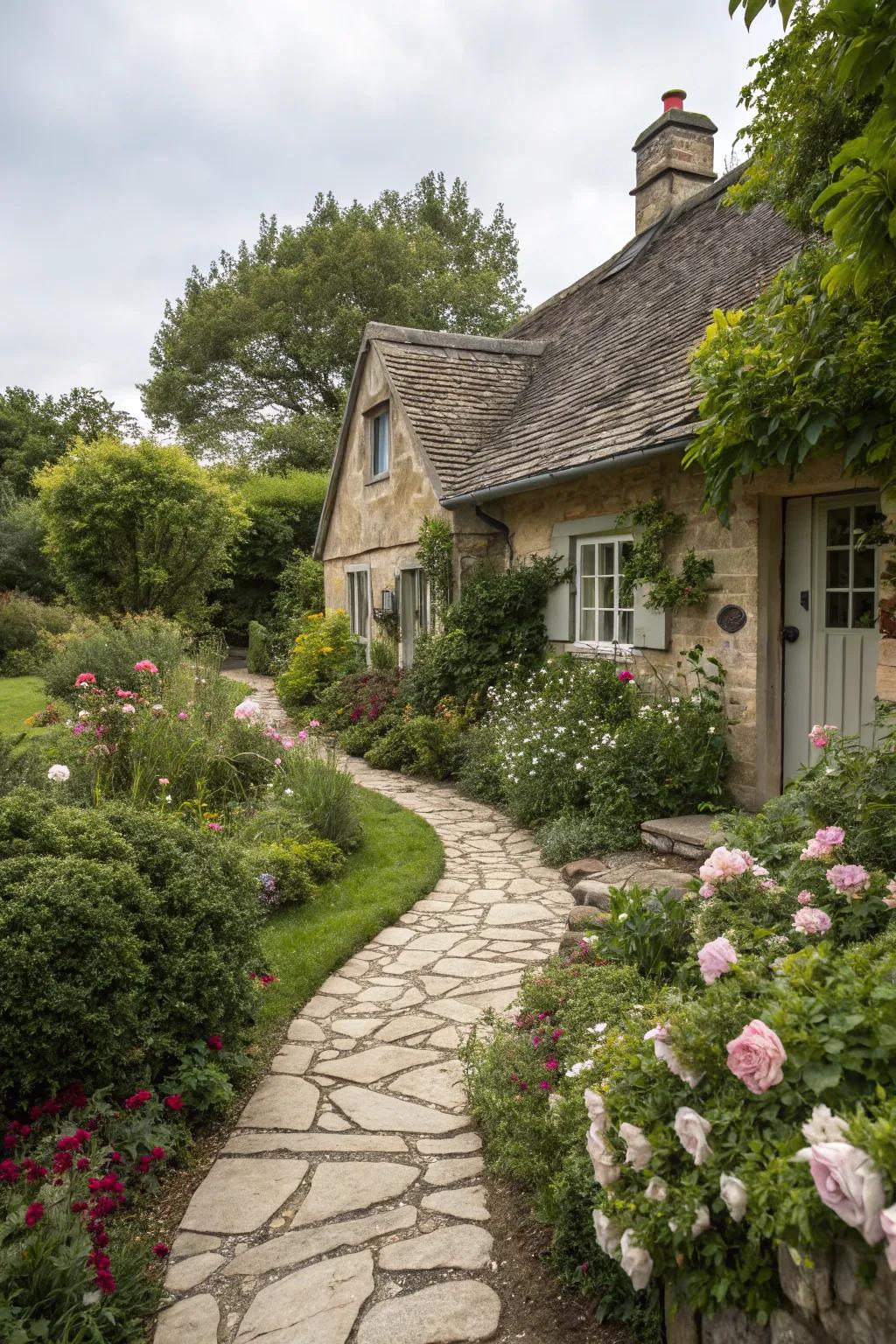 Stone walkways direct visitors through an enchanting garden toward the cottage.