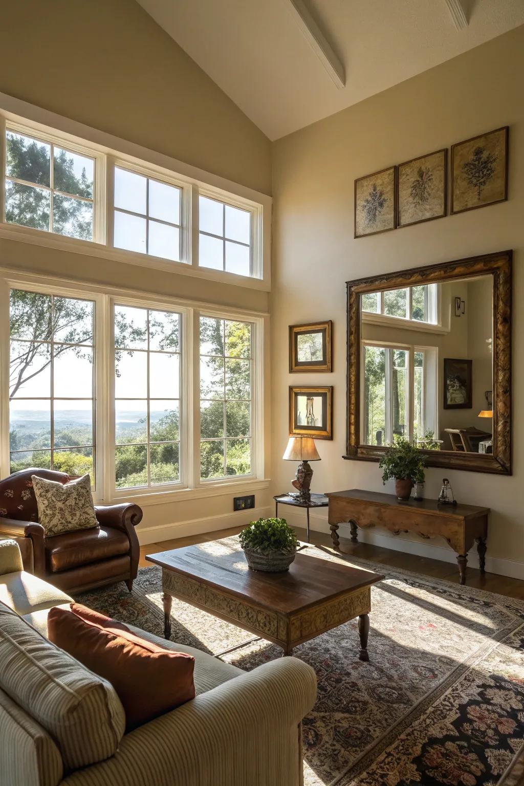 Natural light bathes the living room, establishing a cozy atmosphere.
