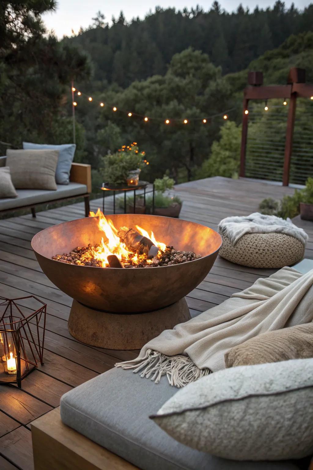 A copper bowl fire pit evolves into an enthralling center of attention in any backyard.