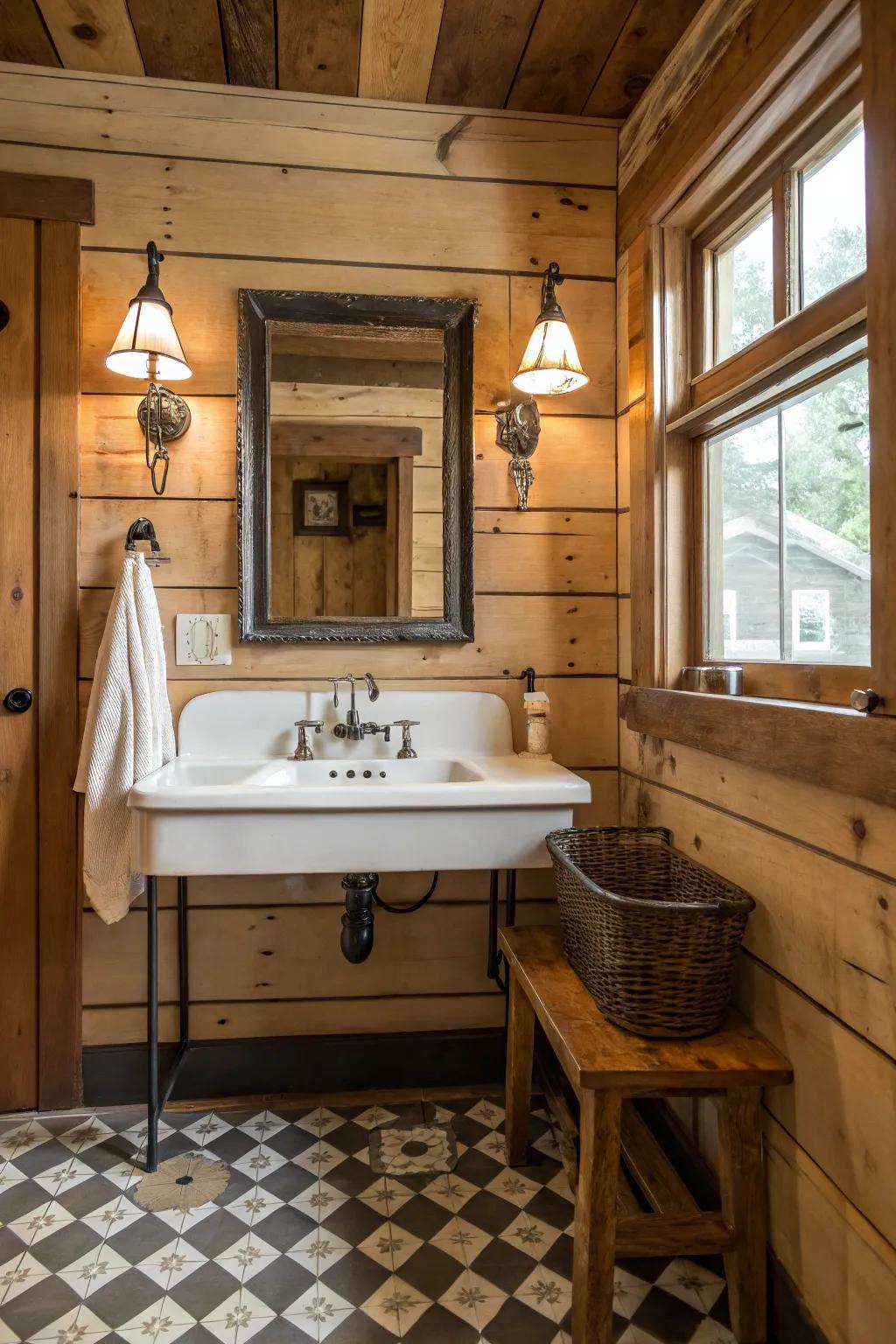 Farmhouse sinks and vintage fixtures elevate the country charm.