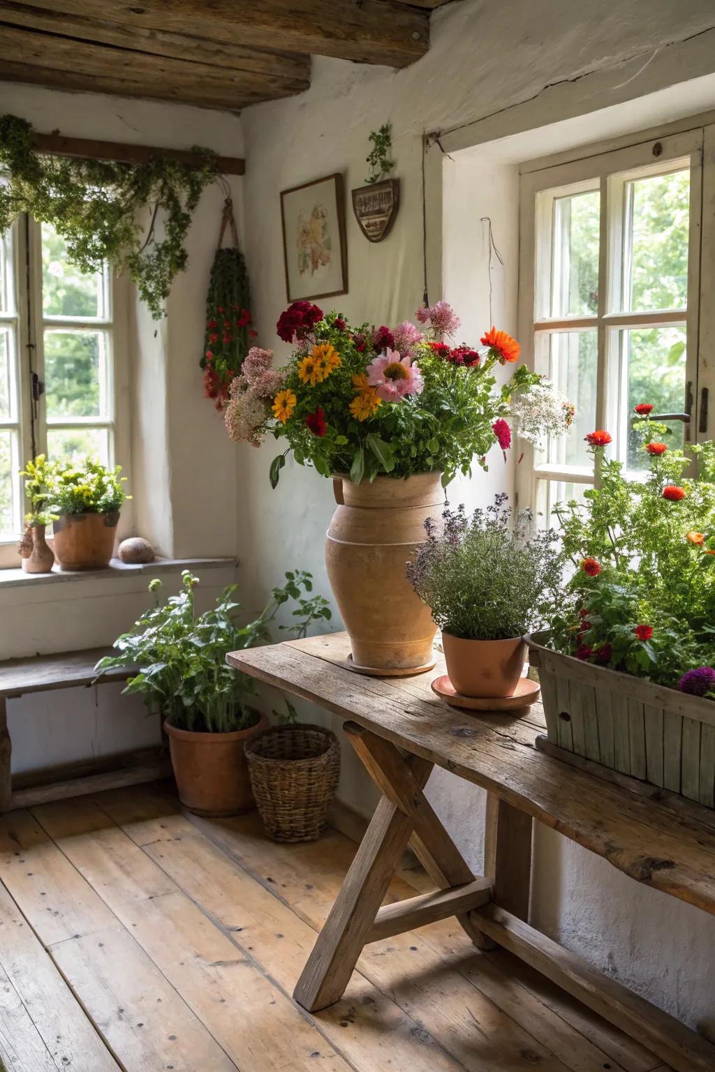 An inviting interior with natural elements like flowers and plants.