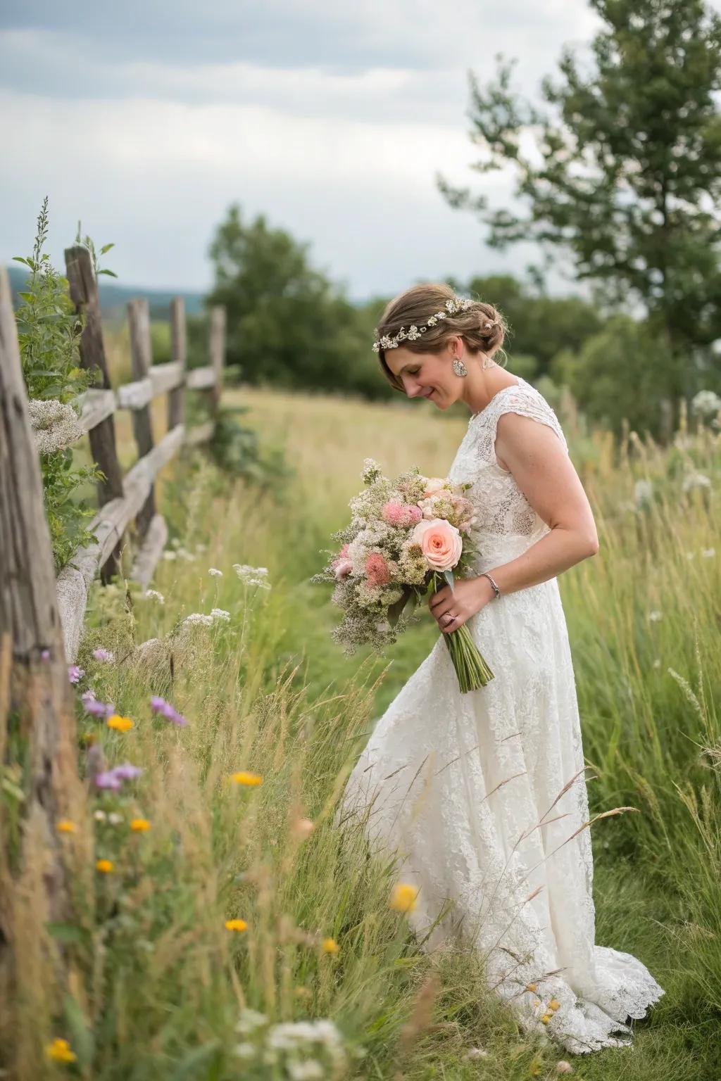 A bride appearing stunning in a laid-back woven pattern wedding outfit set against a country backdrop.