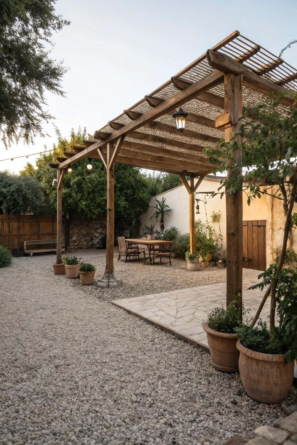 A rustic timber build brings charm and shade to the courtyard.