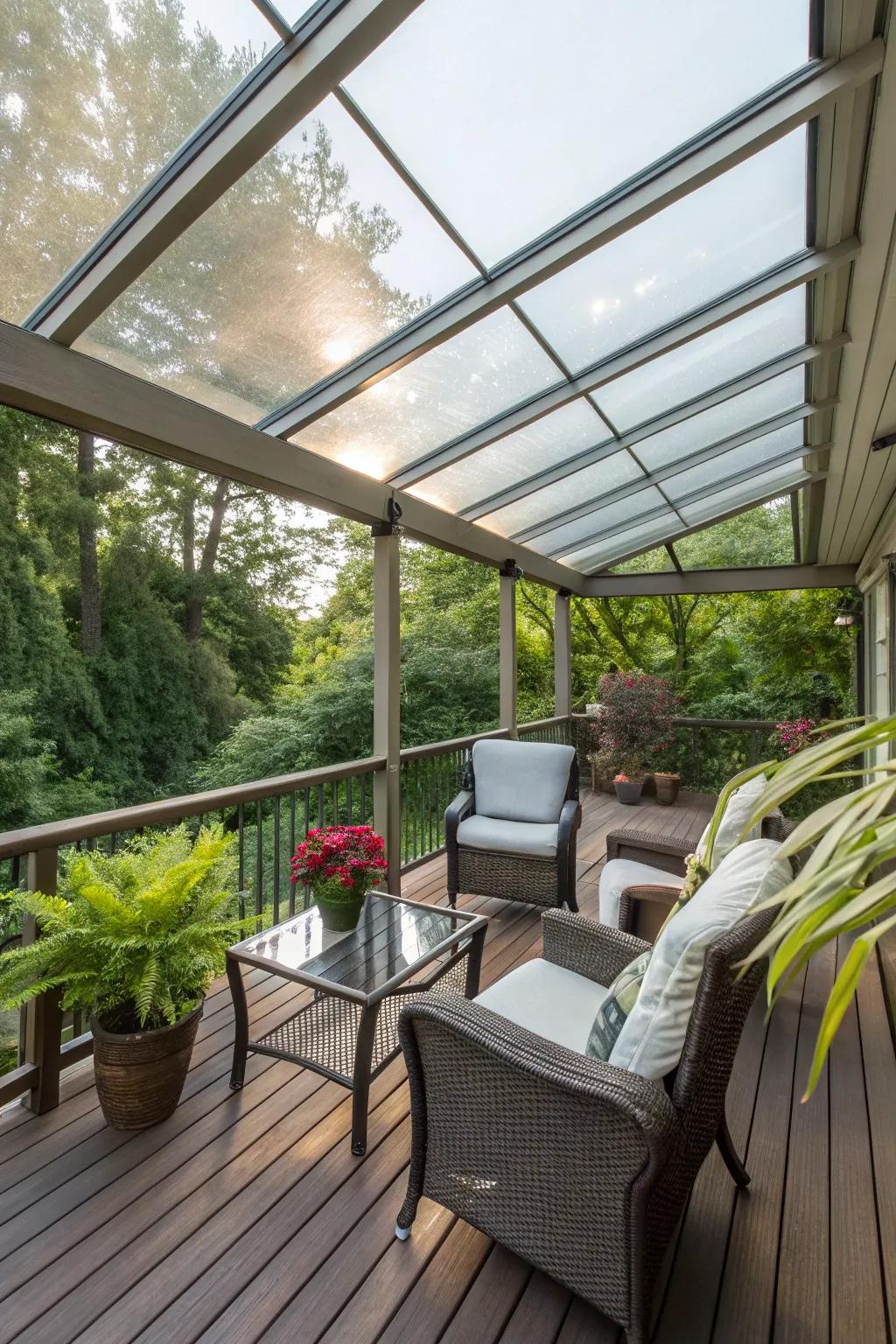 A radiant and ventilated patio space featuring a see-through roof.