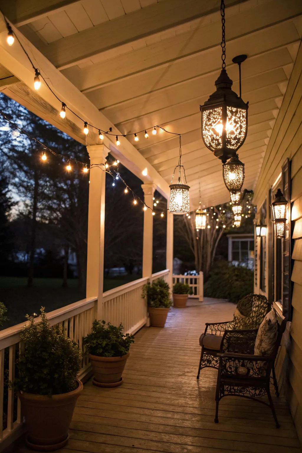 Decorative lighting transforms the porch into a nighttime retreat.
