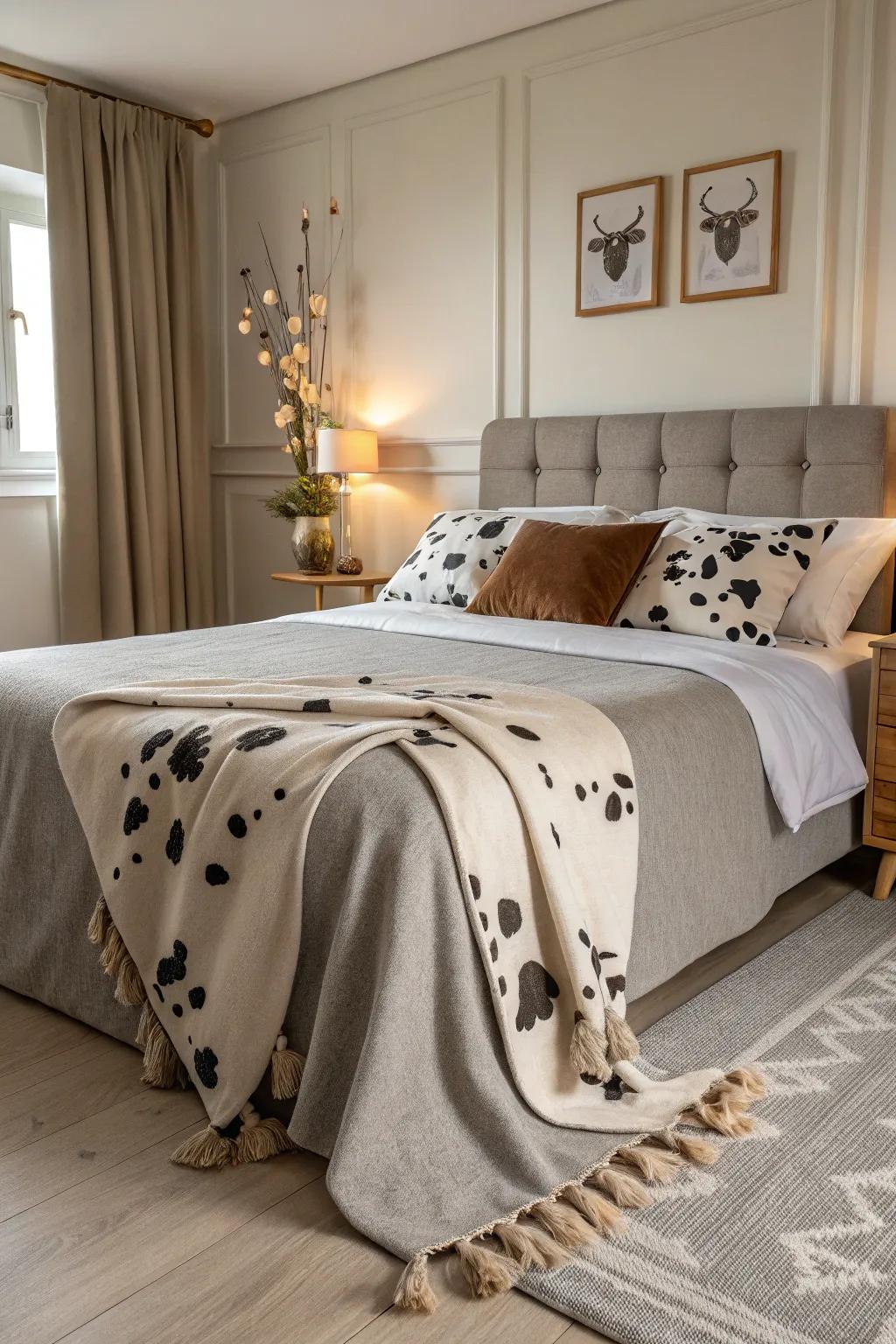 Neutral colors paired with cow print create an elegant aesthetic.