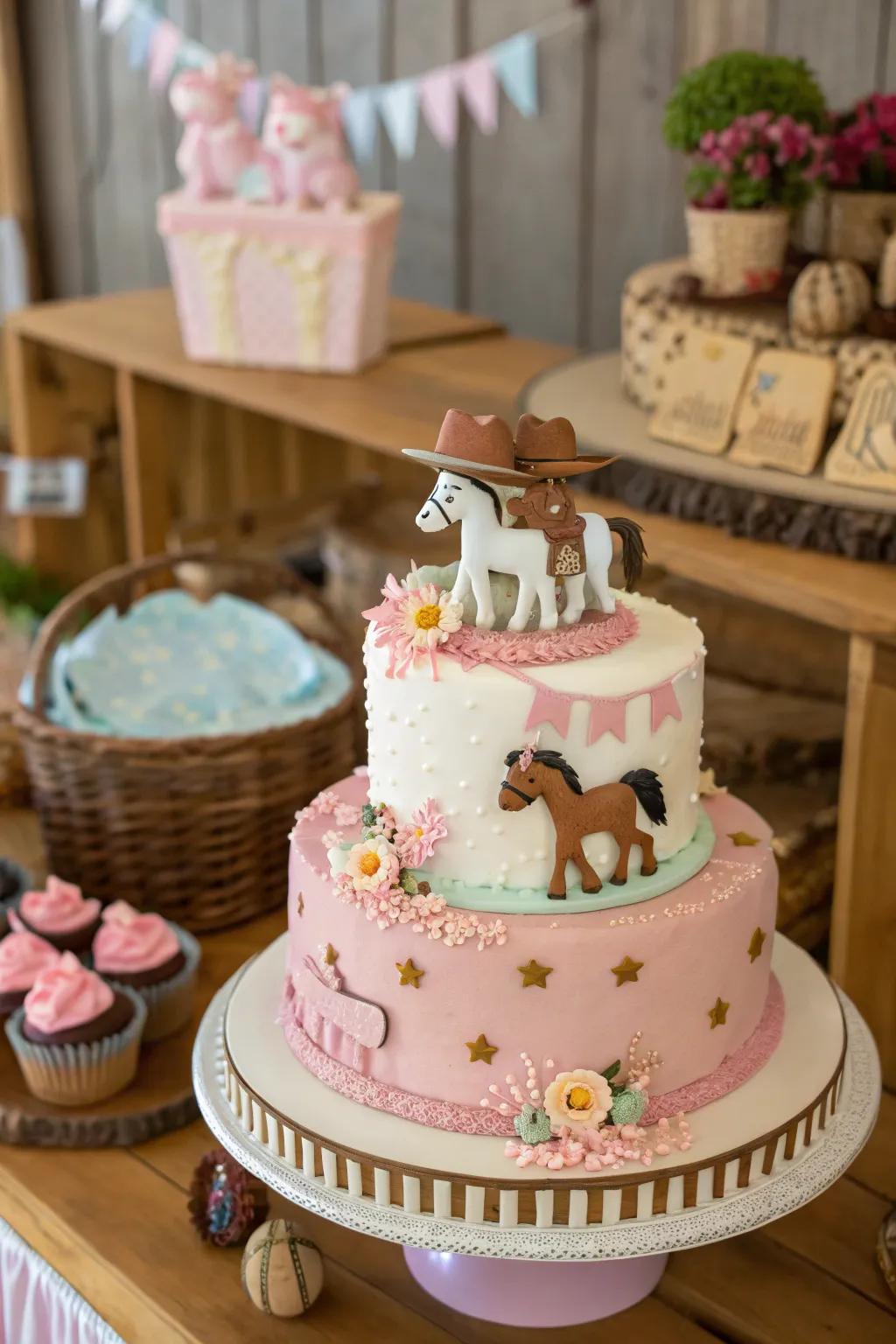 Pony figures inject a whimsical and joyous element into this cowgirl baby shower cake.