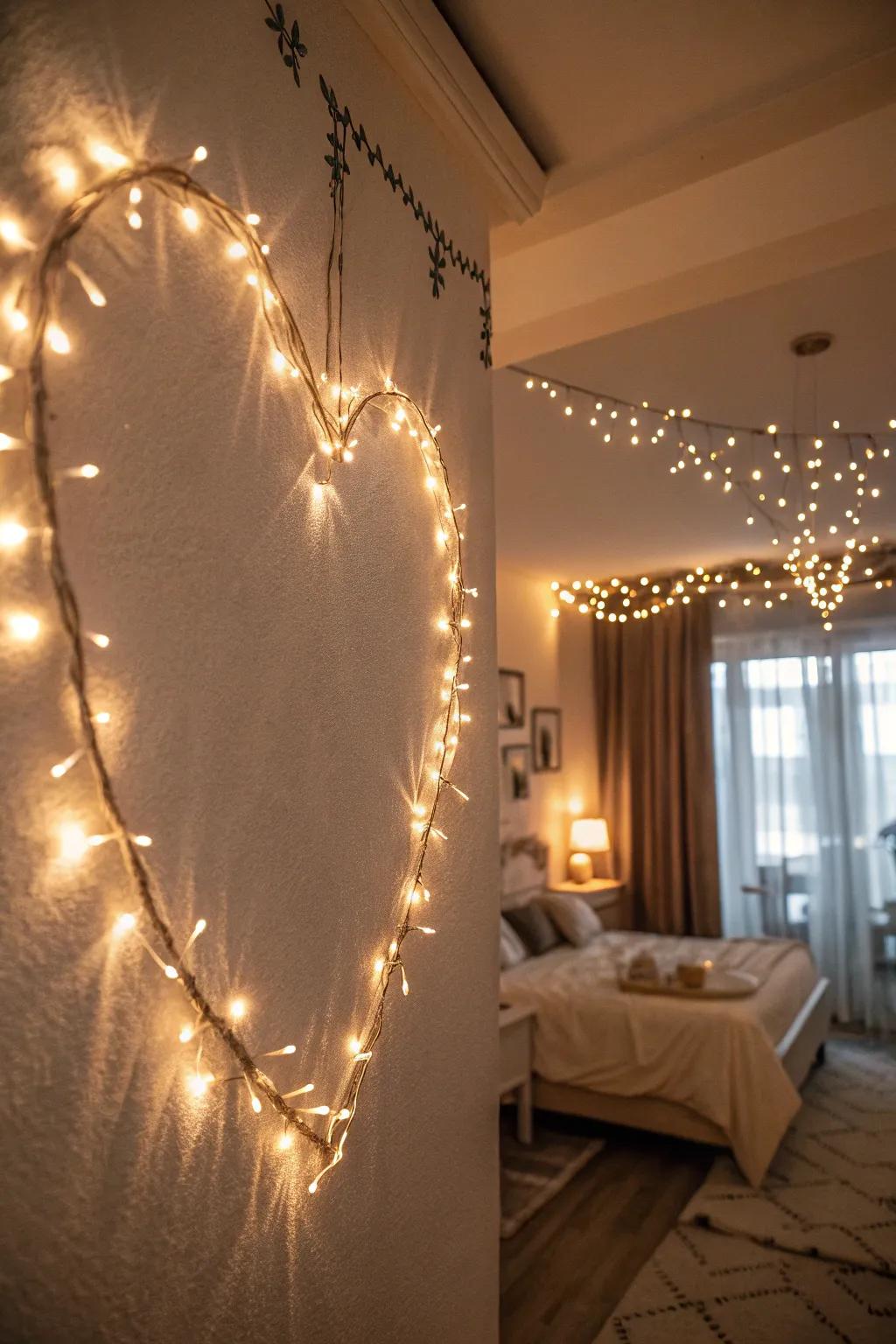 Twinkle lights crafted into a heart form on a bedroom wall.