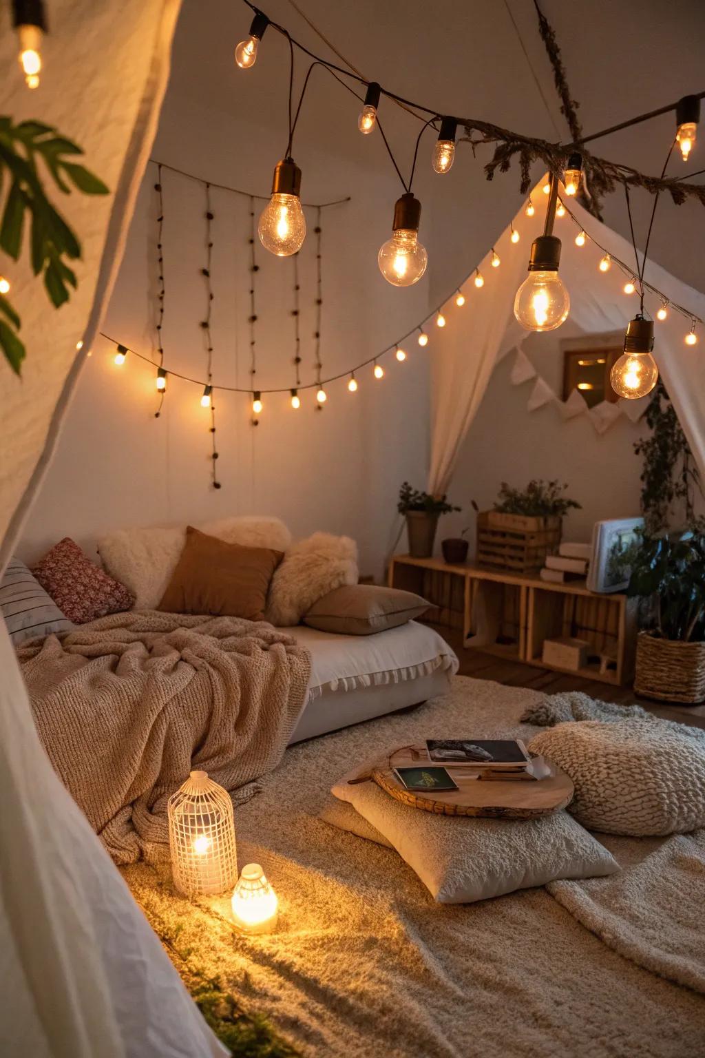 Warm-hue light sources heighten the snug feel of a space.