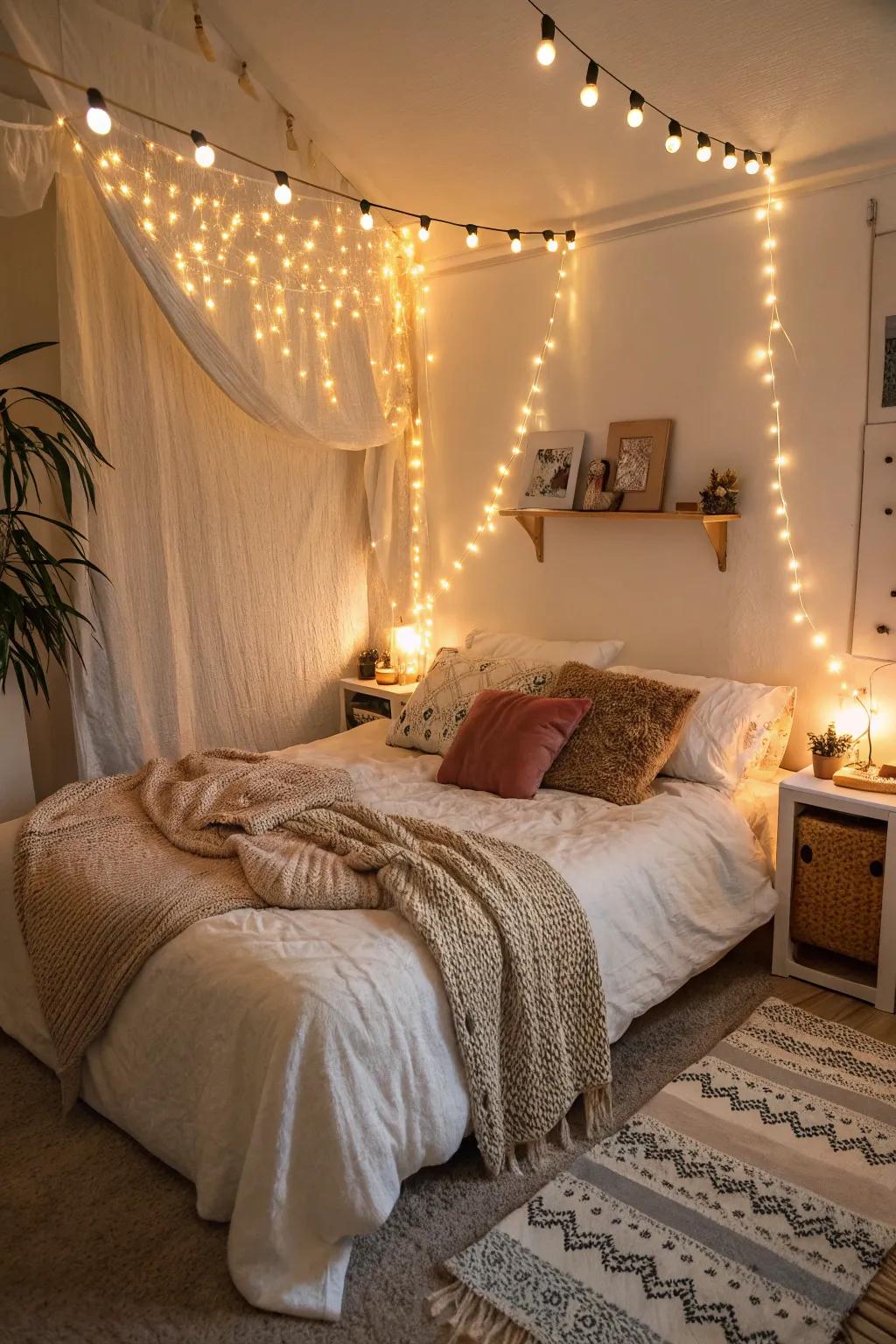 Warm lighting improves the cozy feel of compact bedrooms.