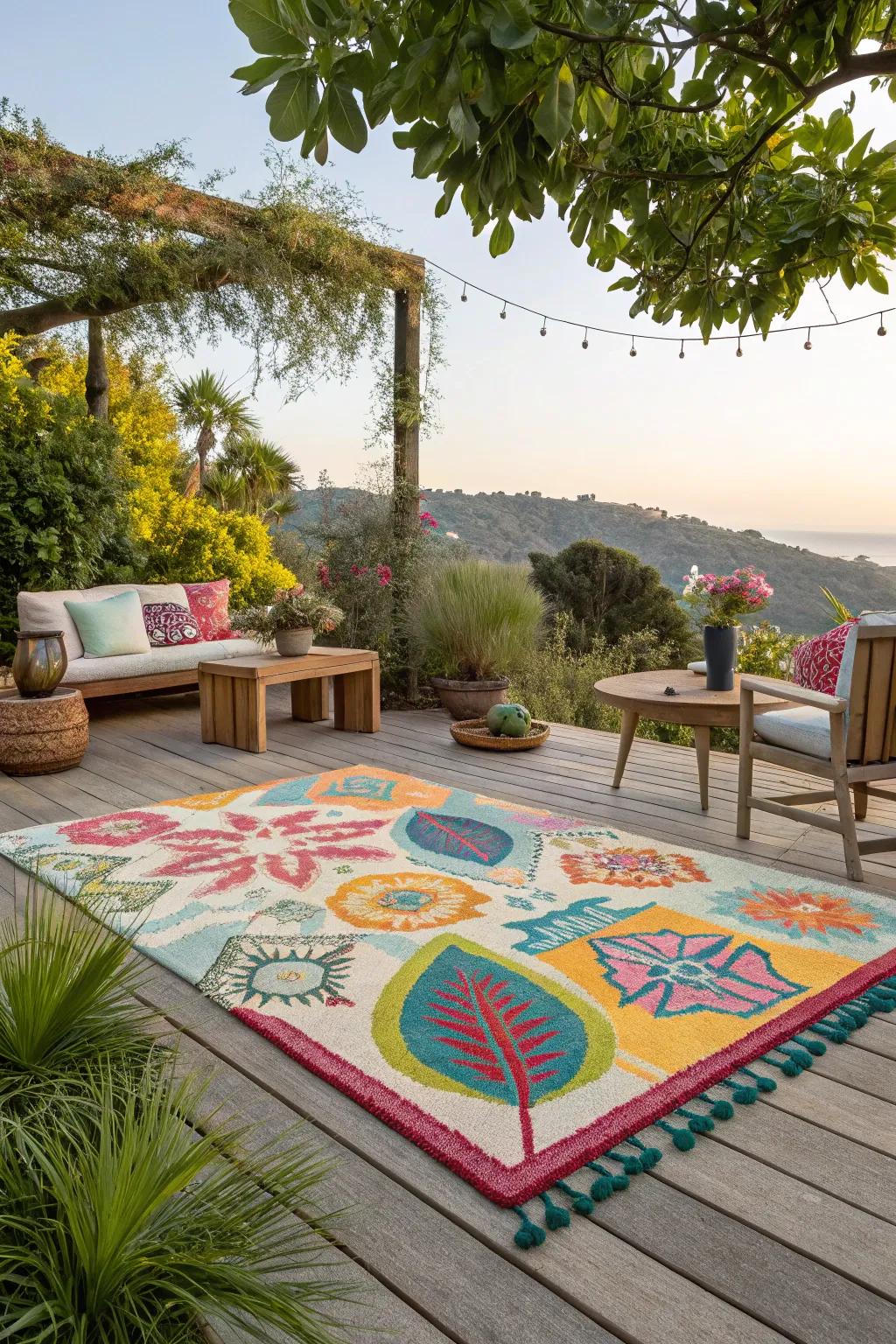 An outdoor carpet introduces color and defines your space.