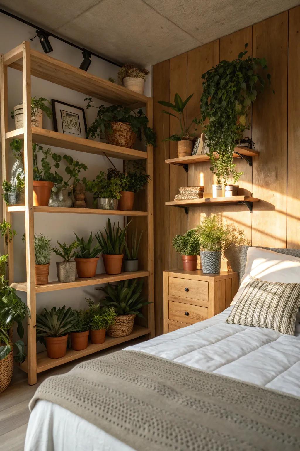 Timber shelving provides an elegant method for showcasing your plant assortment.