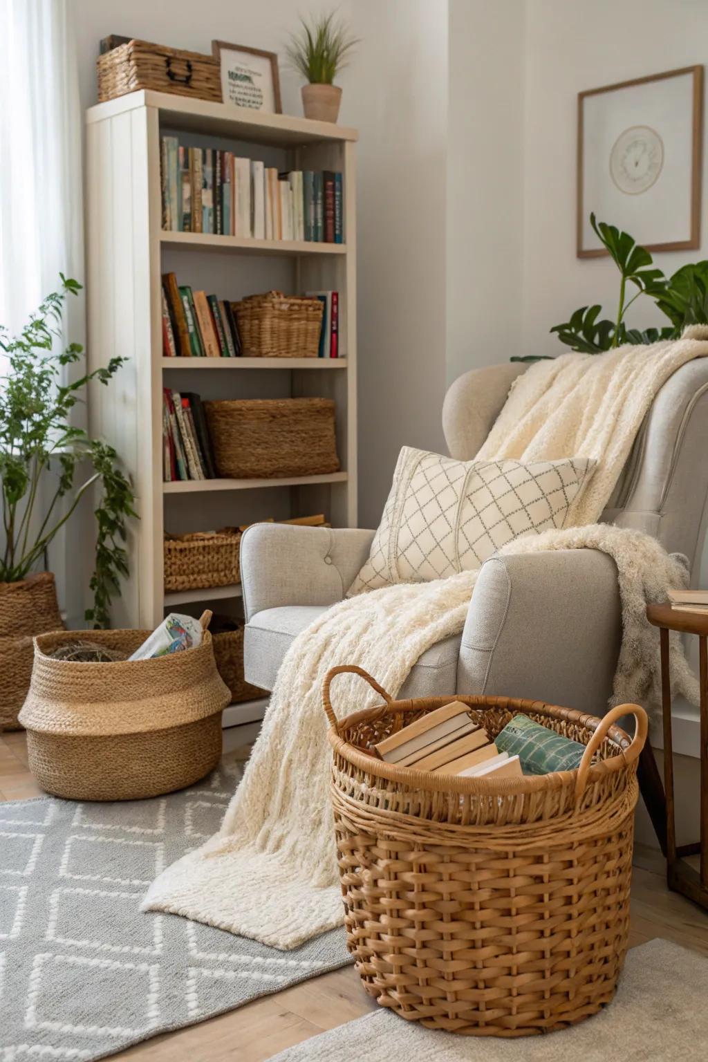 Layered textures provide warmth and coziness to a beautifully designed reading nook.