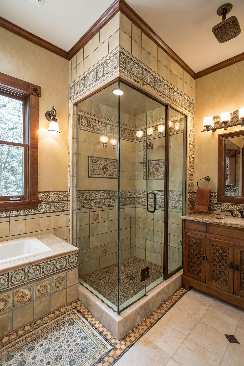 A spacious feel created by an unobscured glass shower zone in a craftsman bathroom.