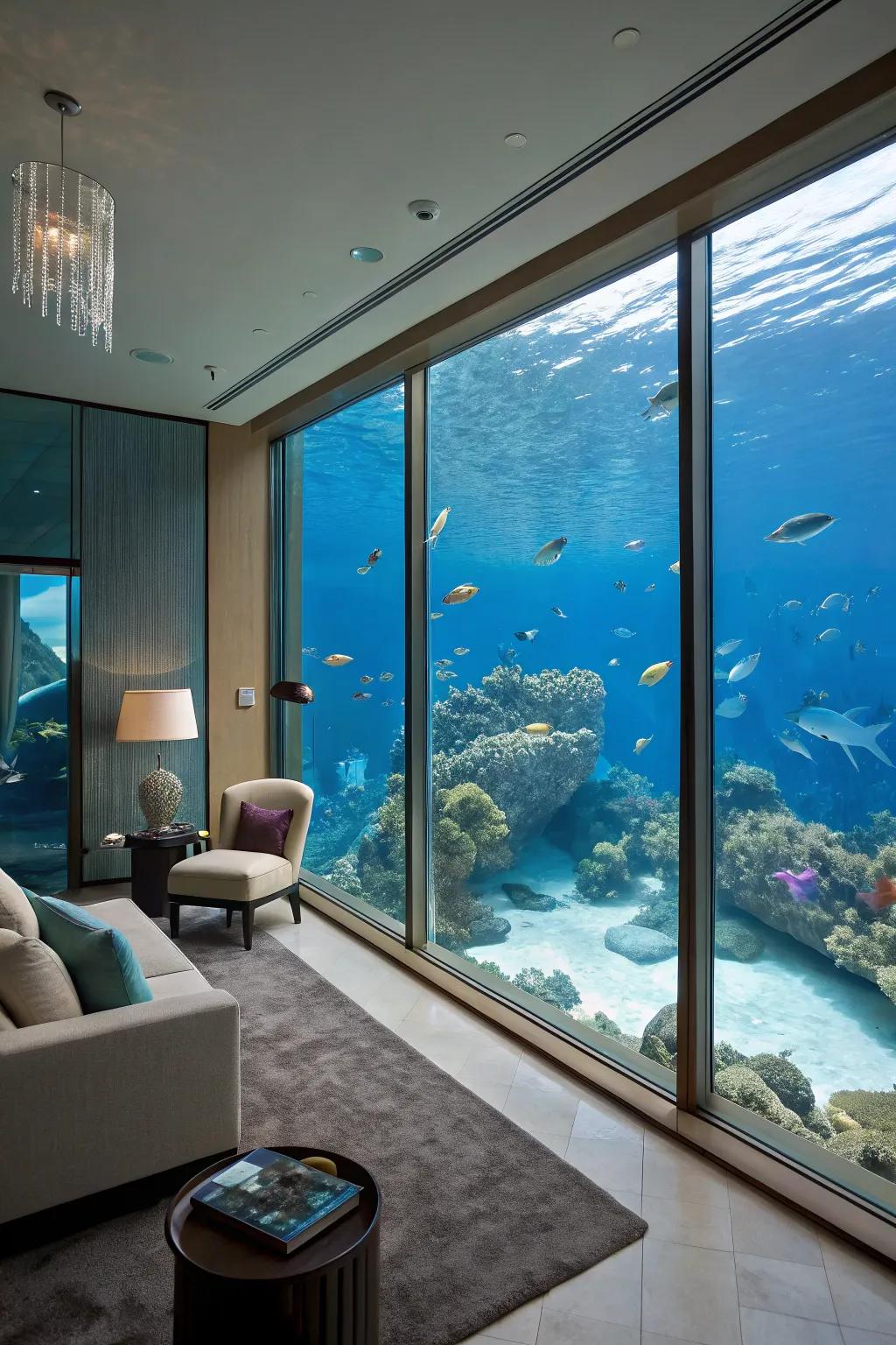 An underwater room providing a serene view of marine life.