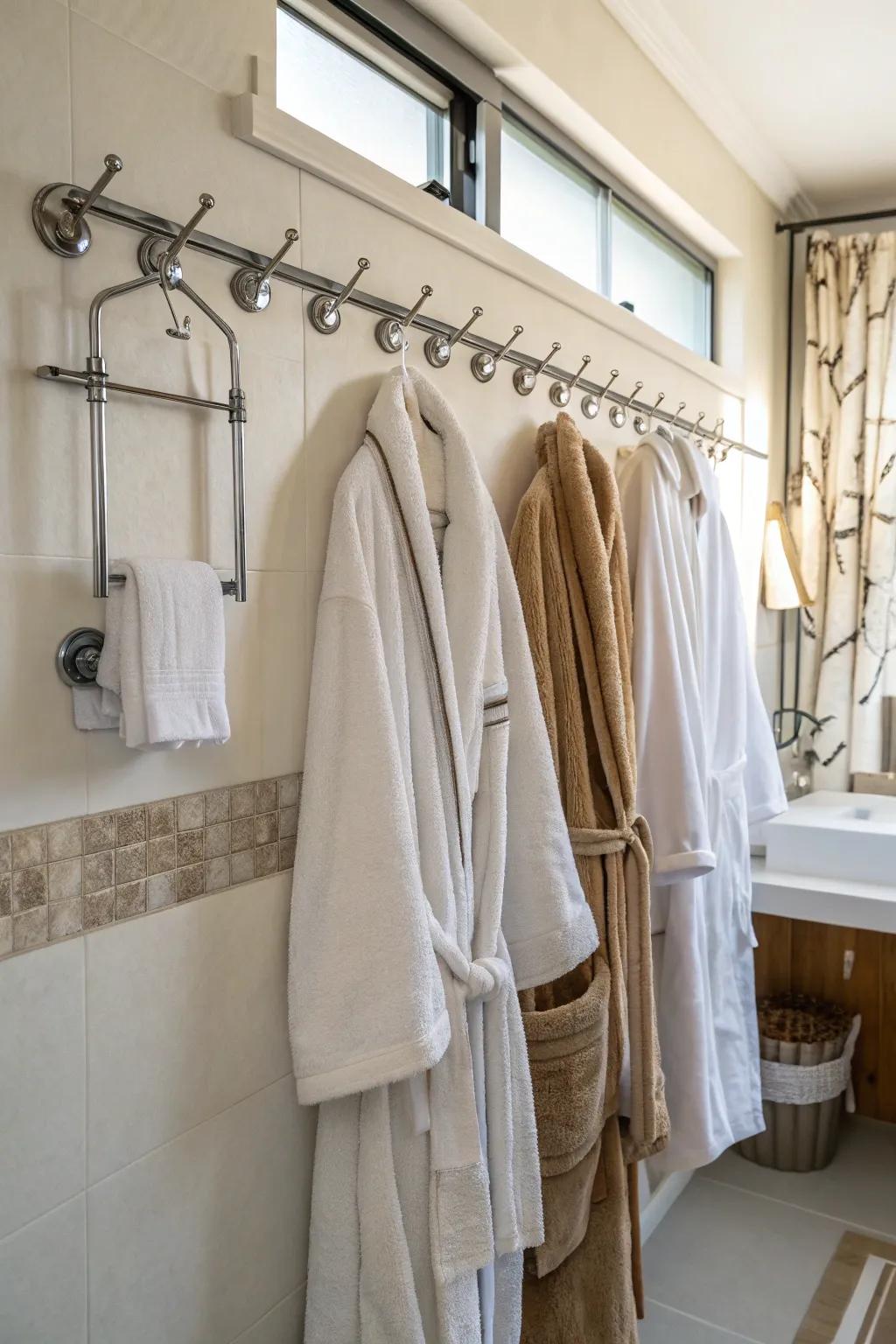 Hooks and rails offer a useful answer for hanging bathroom essentials.