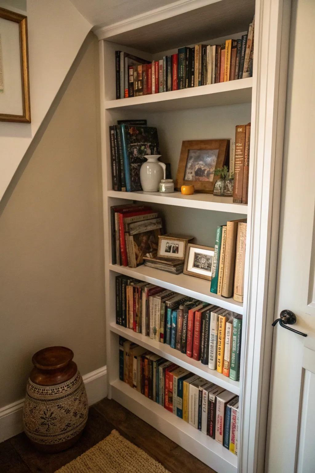 Slim shelves maximize tight spaces for book storage.