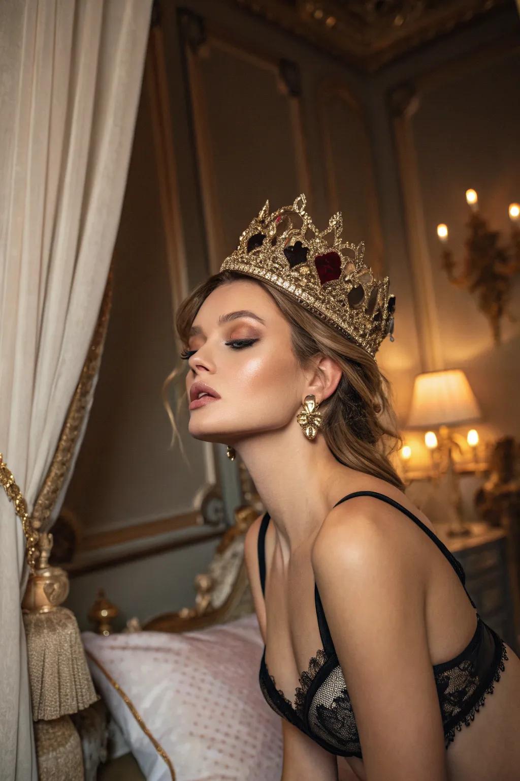 An ornate tiara imparts an aristocratic sentiment to the boudoir.