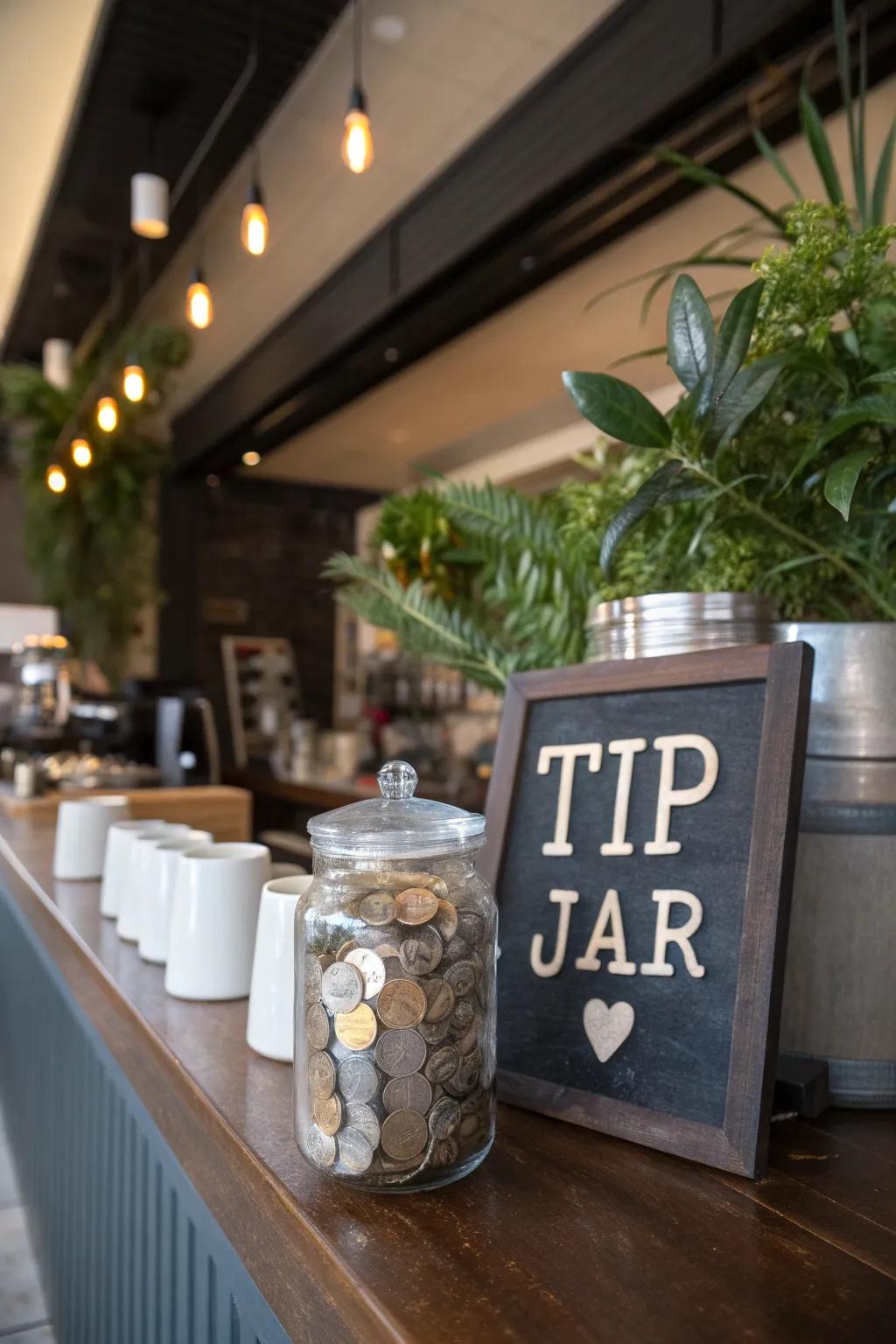 A tip jar with a catchy coffee-themed phrase