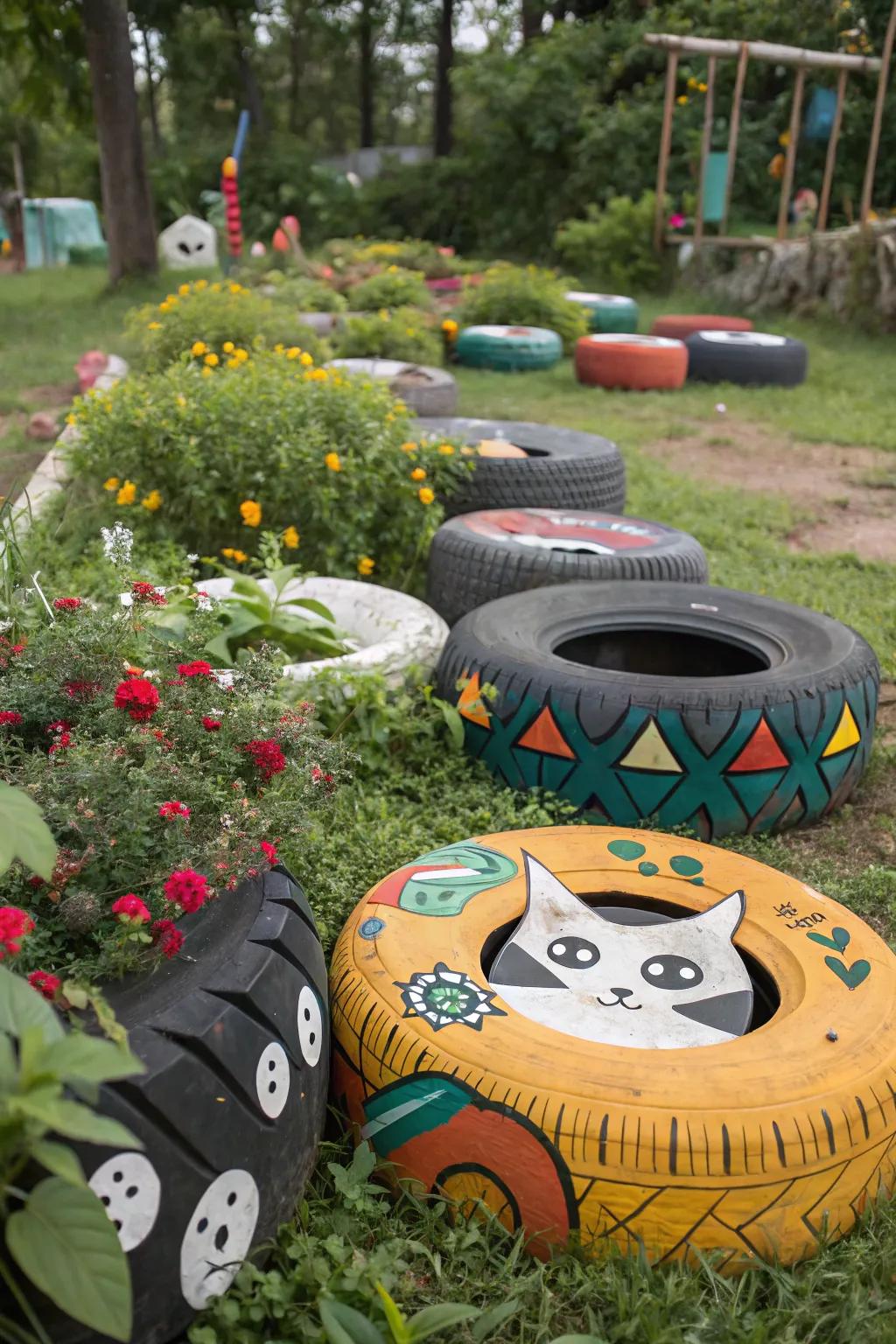 Thematic tire compositions injecting character into the garden landscape.