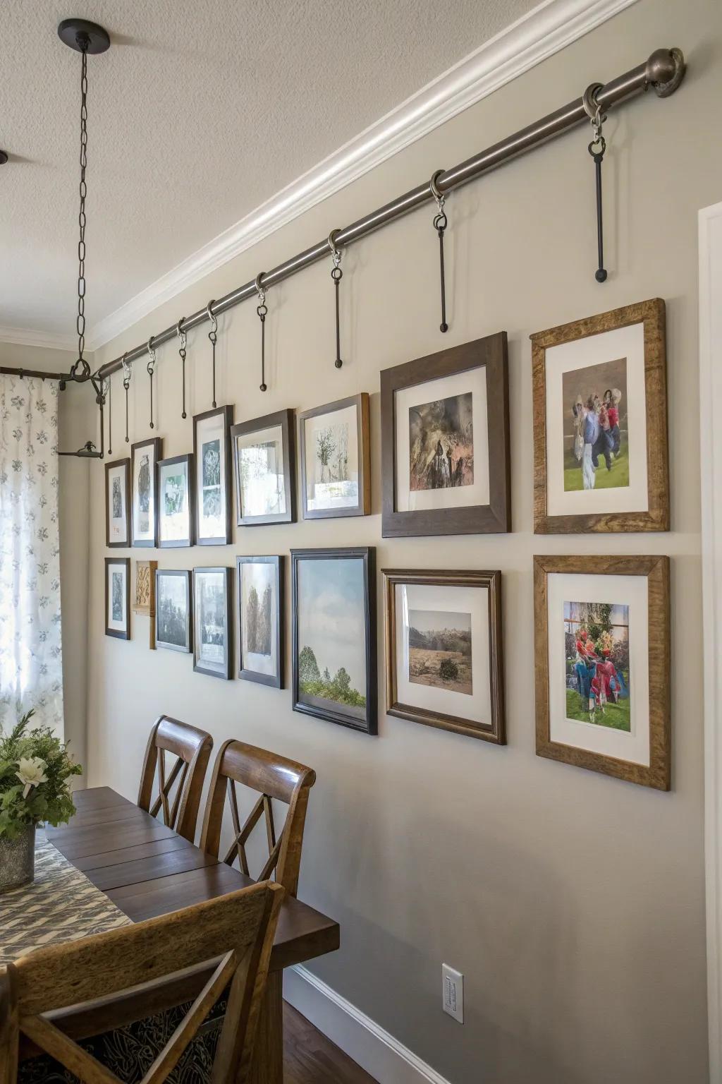 Suspending frames from rods crafts an impressive vertical arrangement.