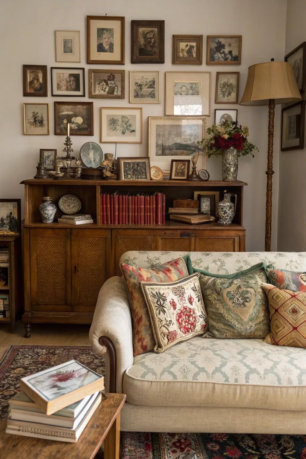 A vintage-themed sideboard setup adds timeless charm.