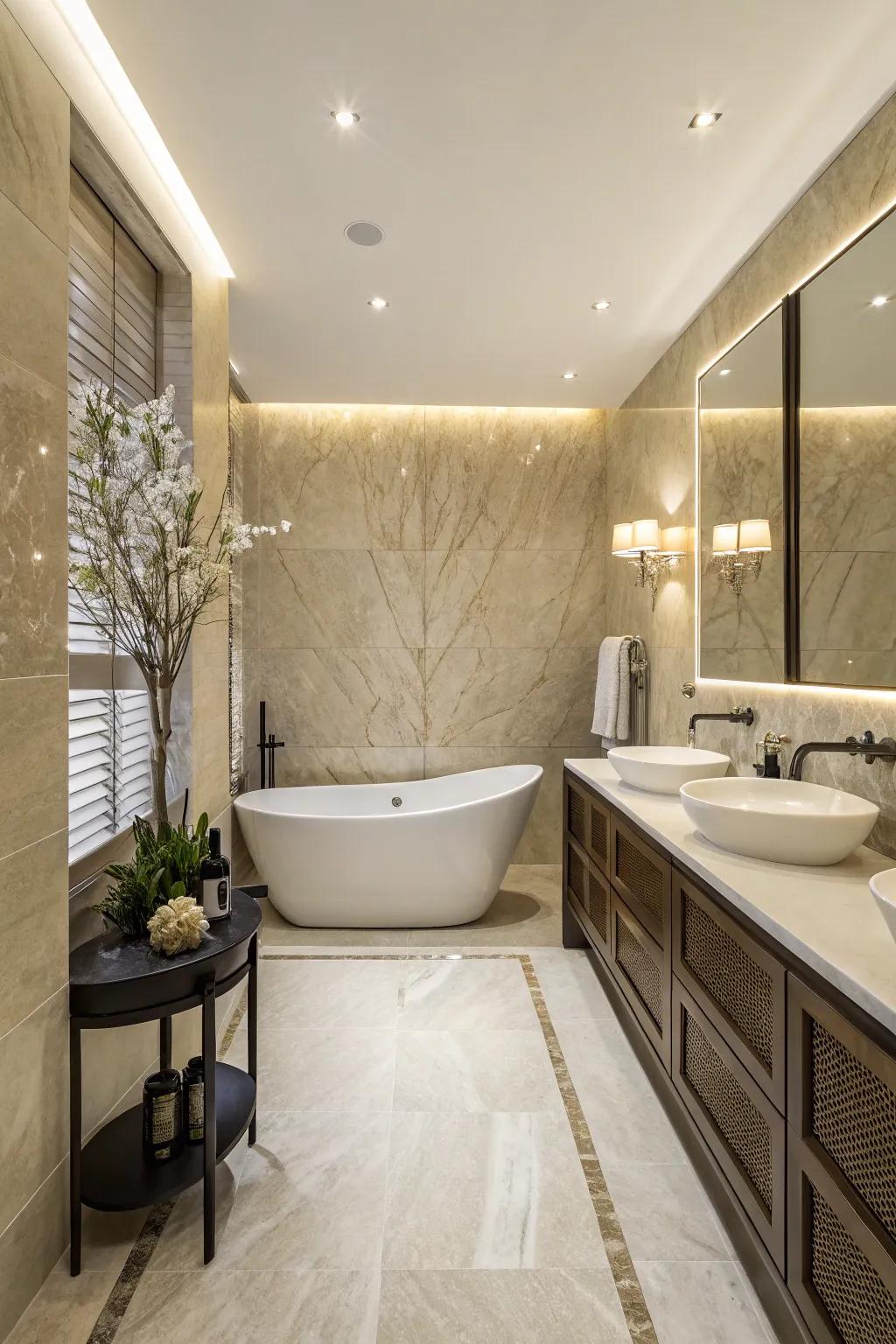 A crema marfil statement wall brings luxury to any bathroom.