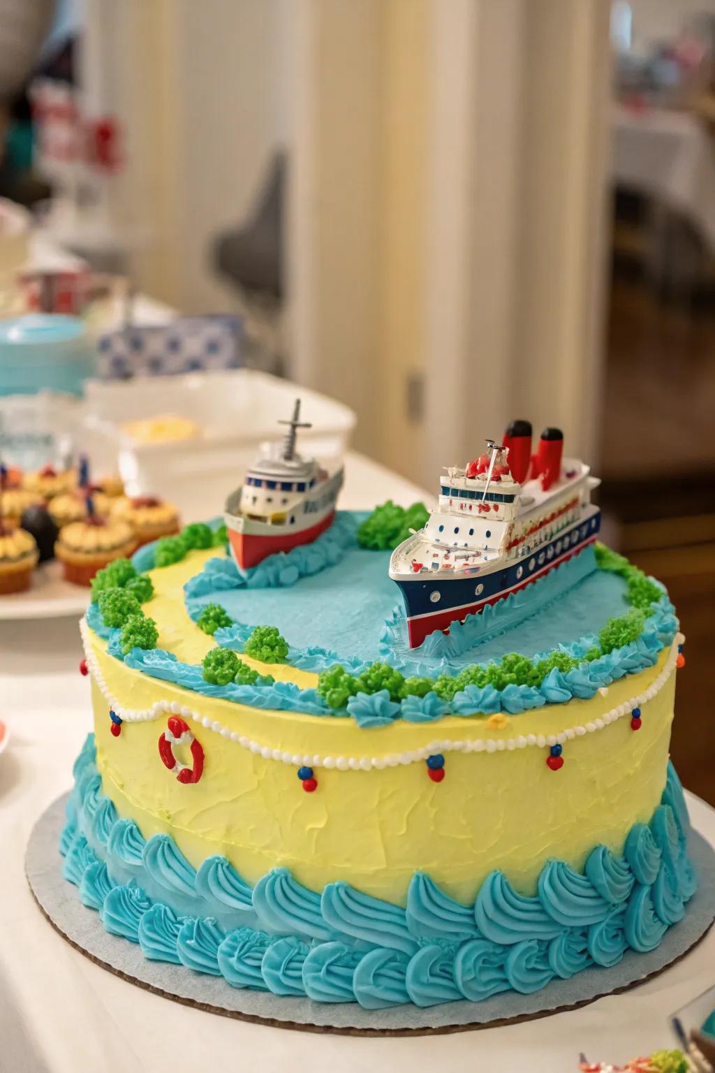 Diminutive seafaring vessels contribute a playful touch to this dessert.
