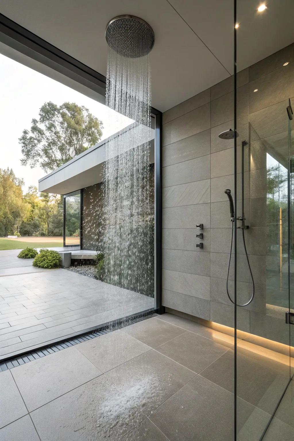 The rainfall showerhead enhances the bathing experience in this curbless shower.