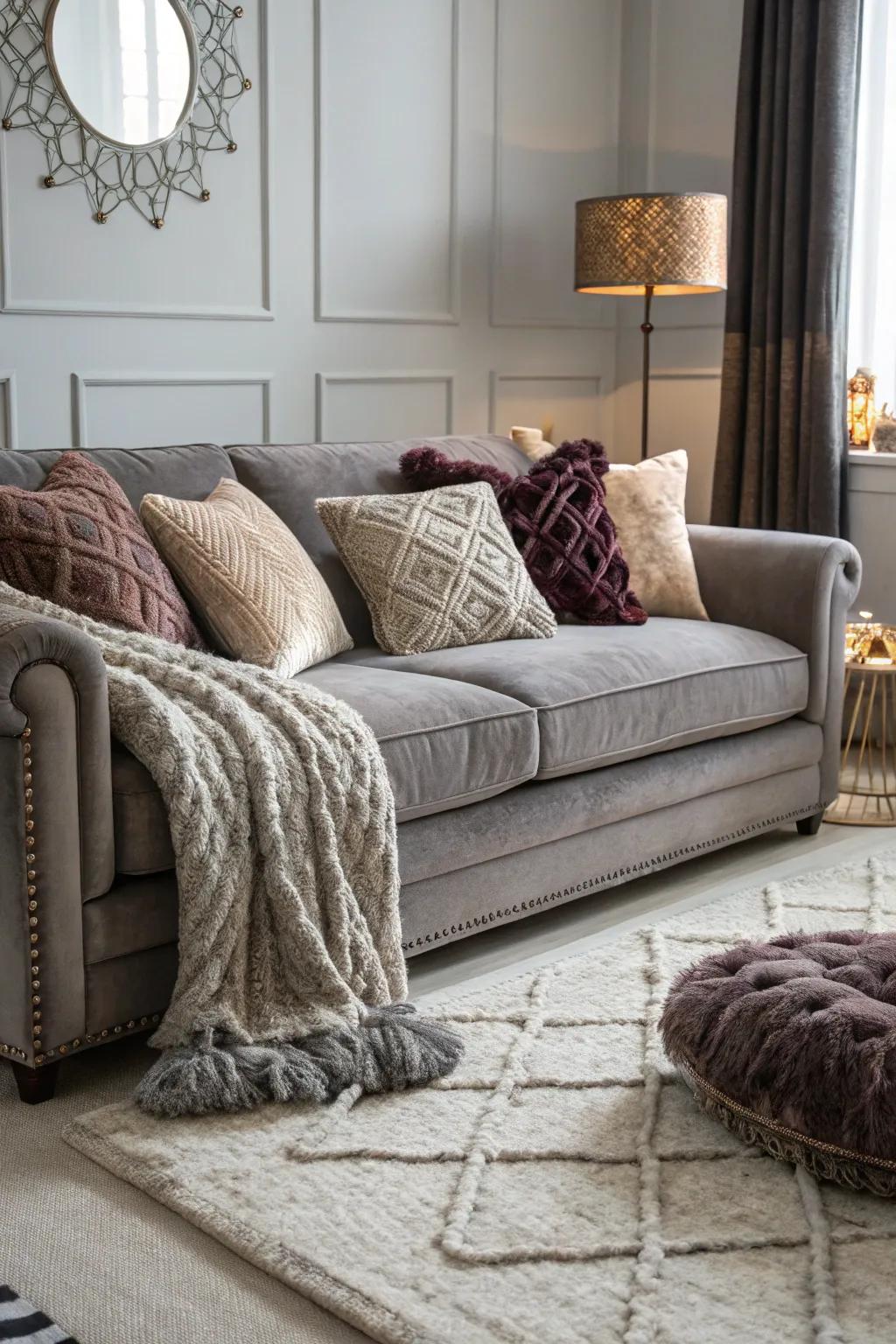 Blending textures elevates the visual charm of a grey sofa.