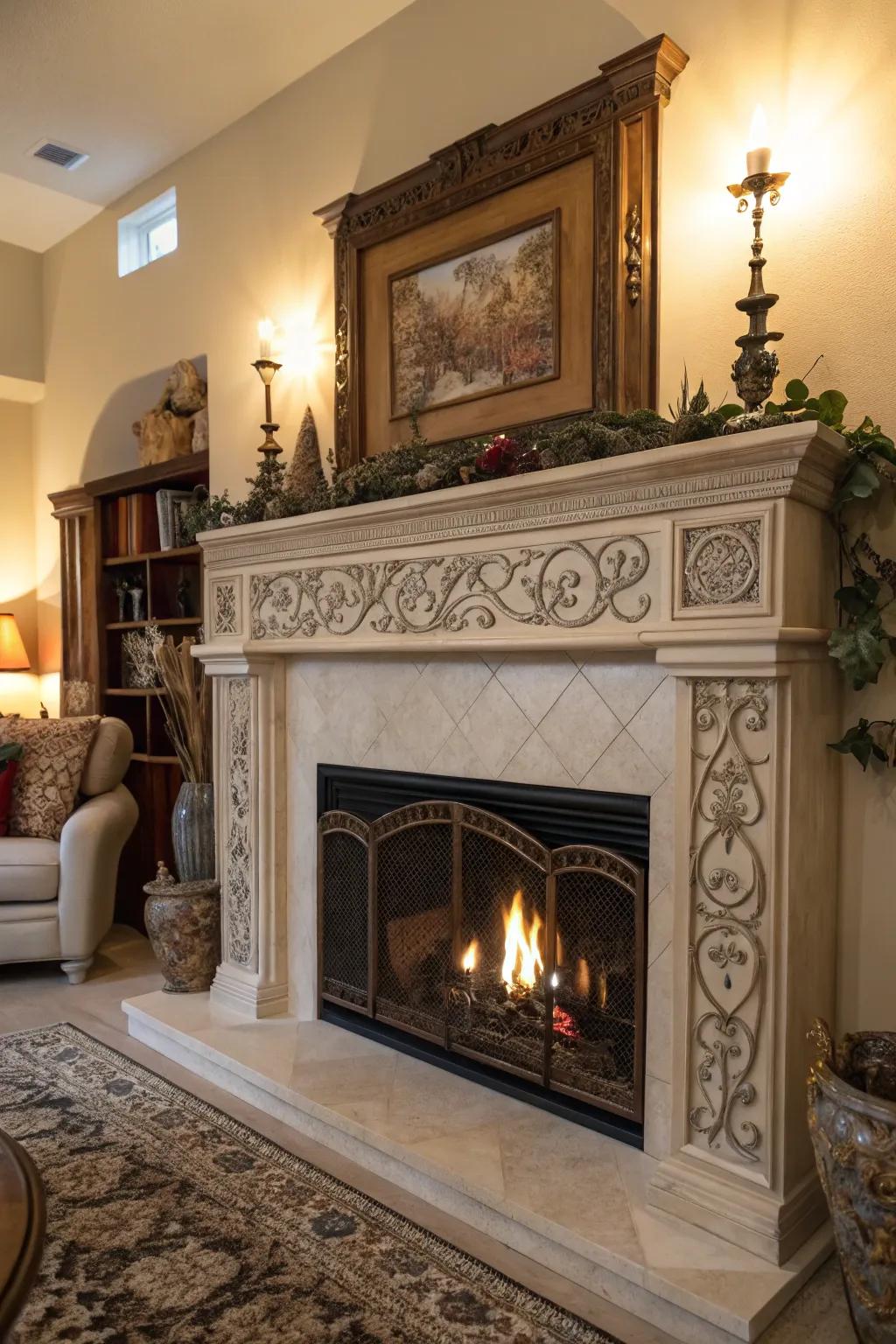 An artistic mantel transforms the fireplace into a captivating focal point.