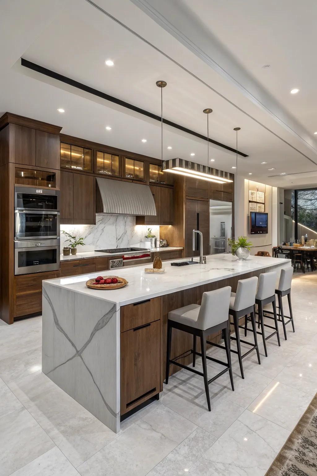 Custom kitchen island acting as a multi-functional hub for cooking and socializing