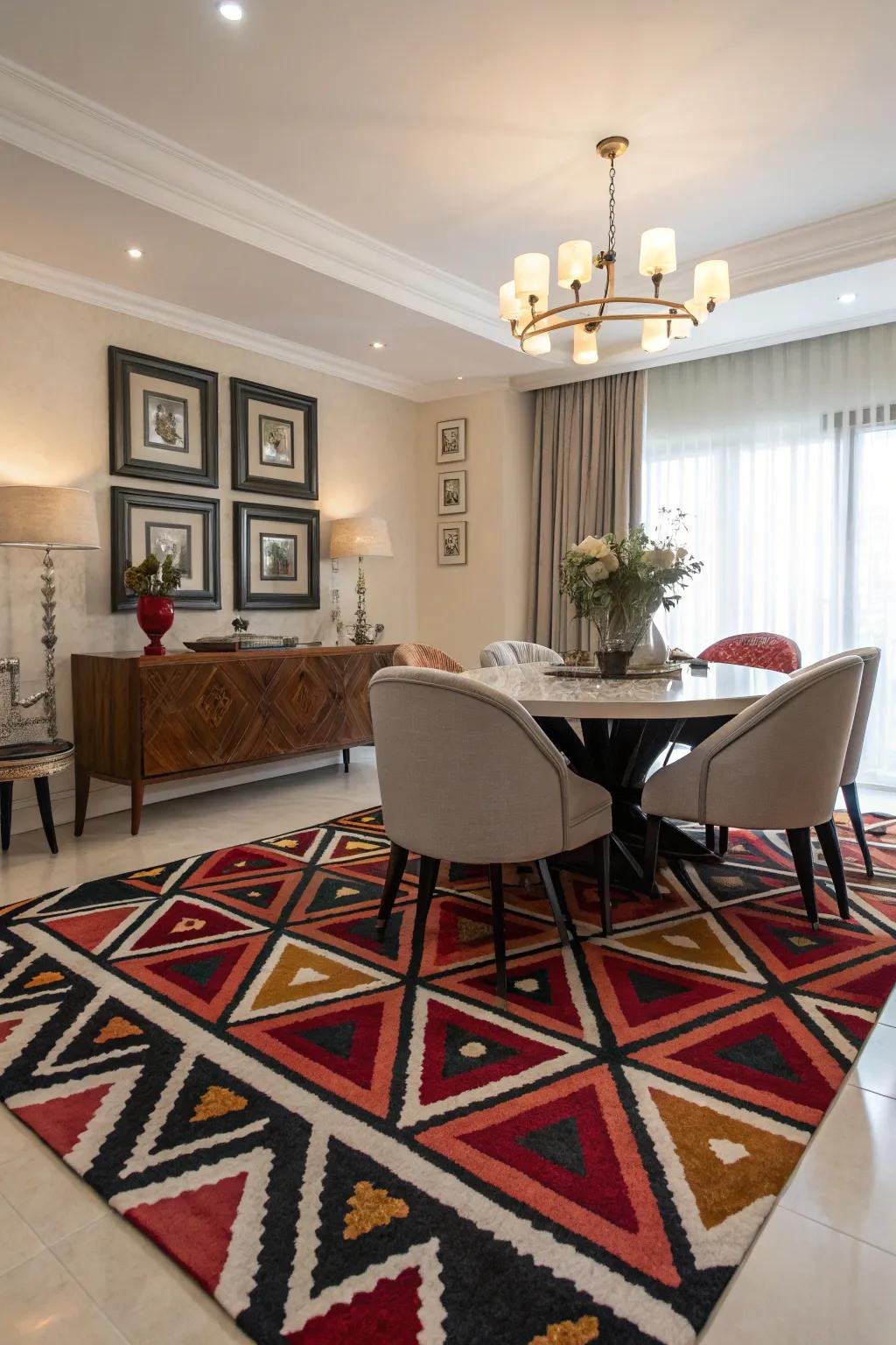 Conceptual geometrical designs bring modern elegance to this dining area.