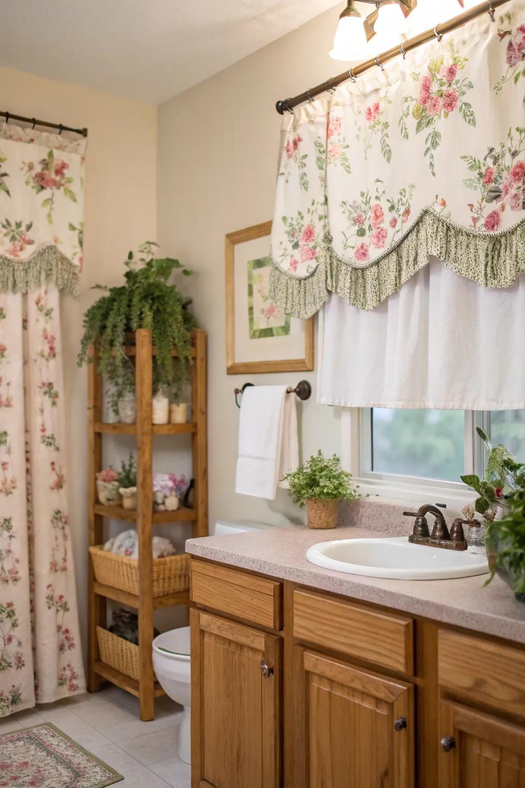 Transform your bathroom into a serene retreat with floral valances.