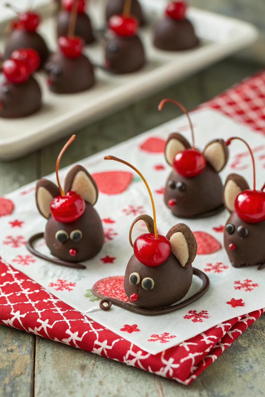 Charming chocolate-covered cherry critters which contribute a lively twist to holiday goodies.