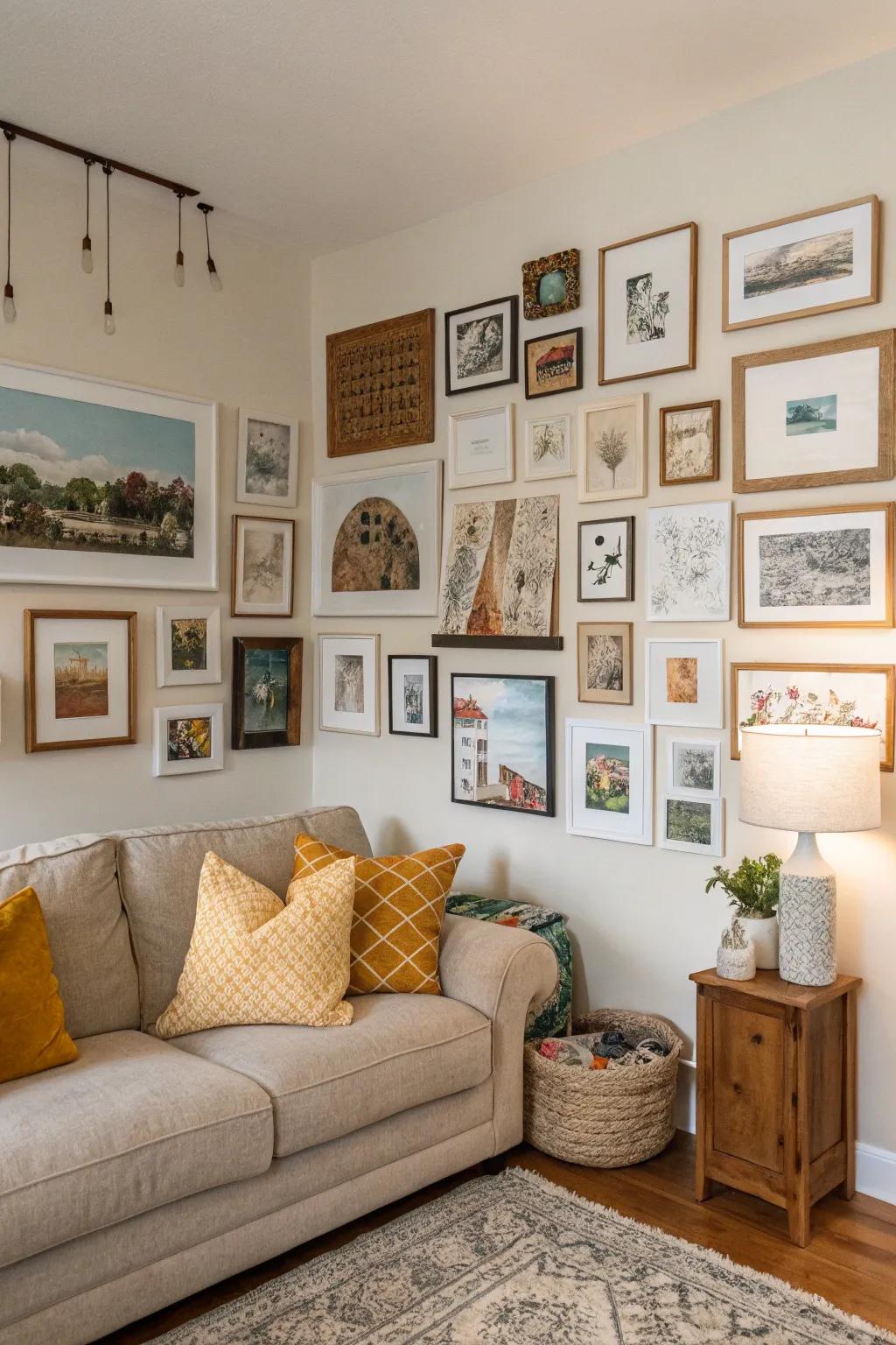 A wall filled with personal pieces and images.