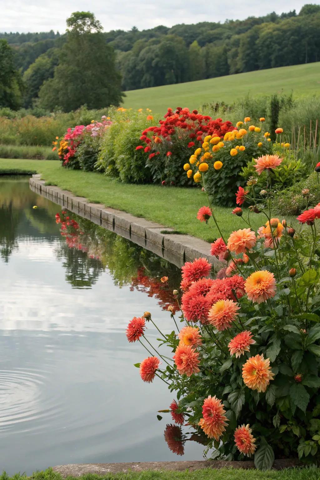 A serene water element embellished with sunburst blooms.