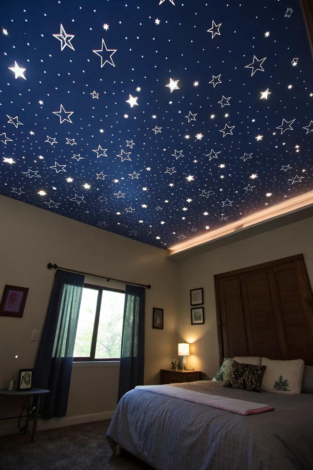A whimsical starry night ceiling motif.