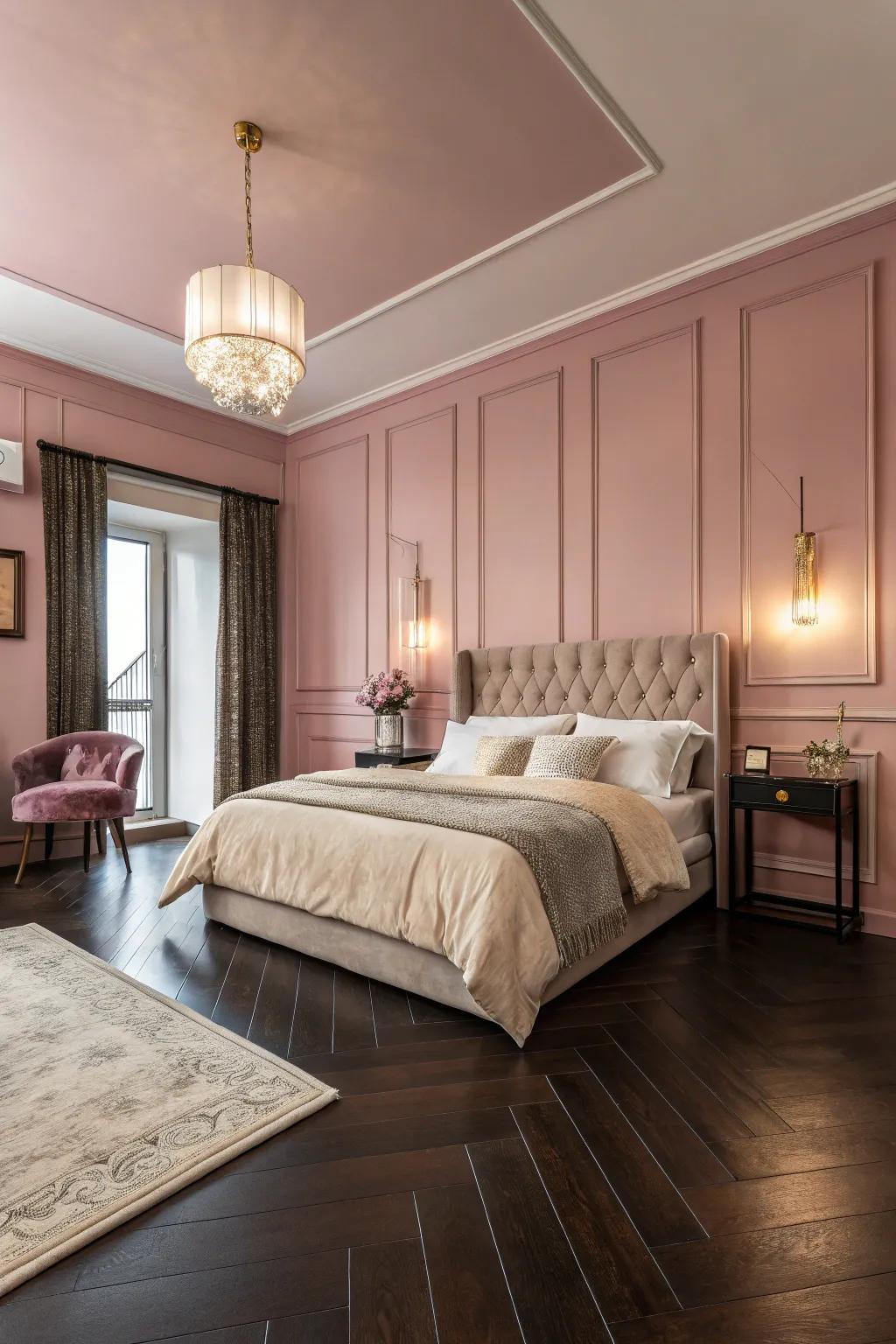 Blush pink walls add a romantic and sophisticated touch.