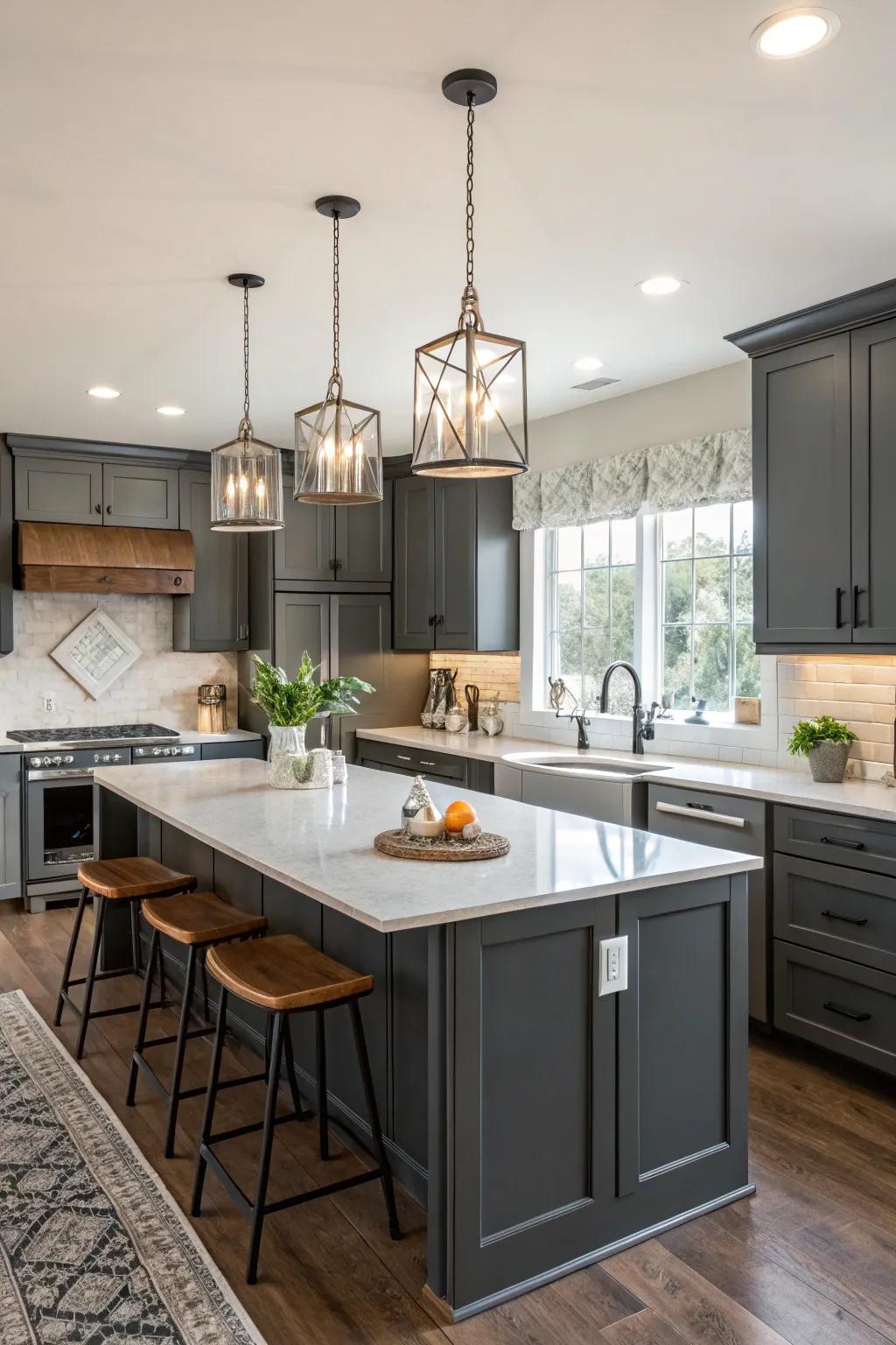 Pendant lighting highlighting the beauty of deep charcoal cabinets.