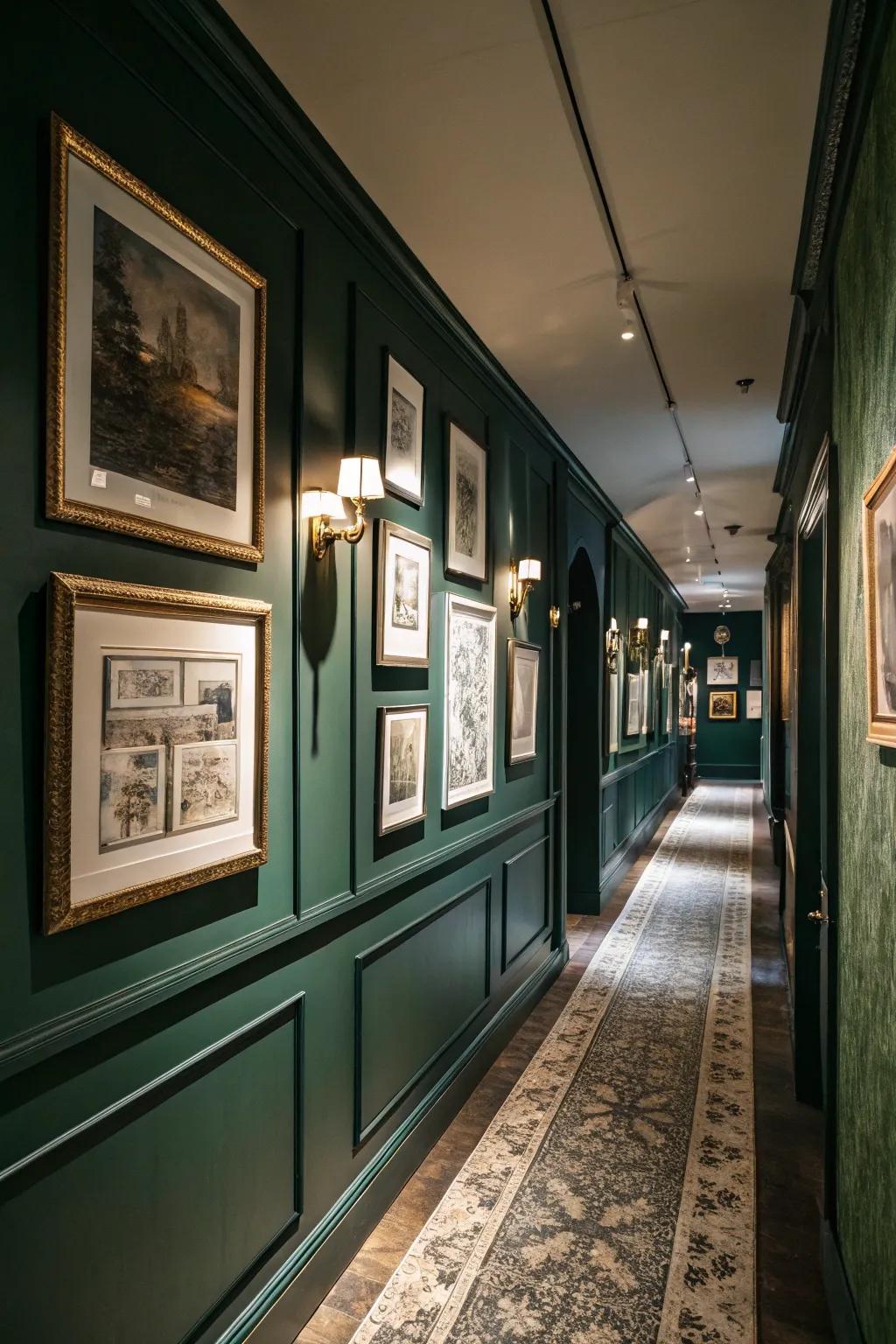 A gallery wall personalizes the dark green hallway.