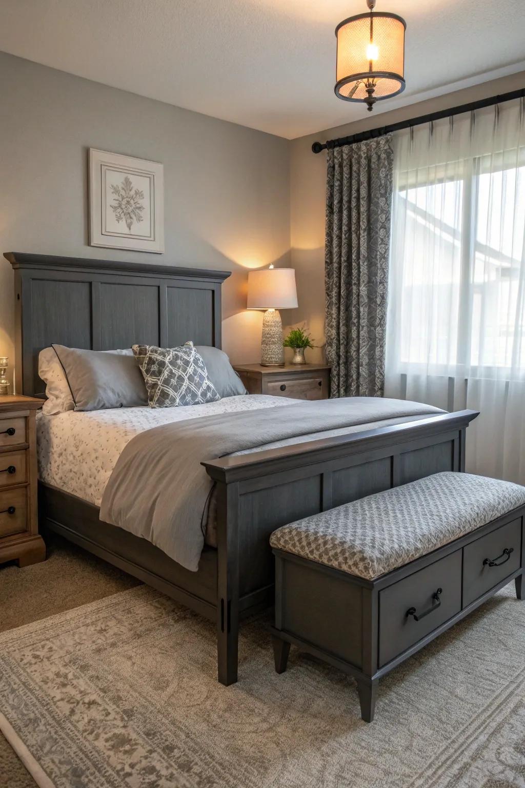 Practical furnishings accentuate the deep charcoal bed frame.