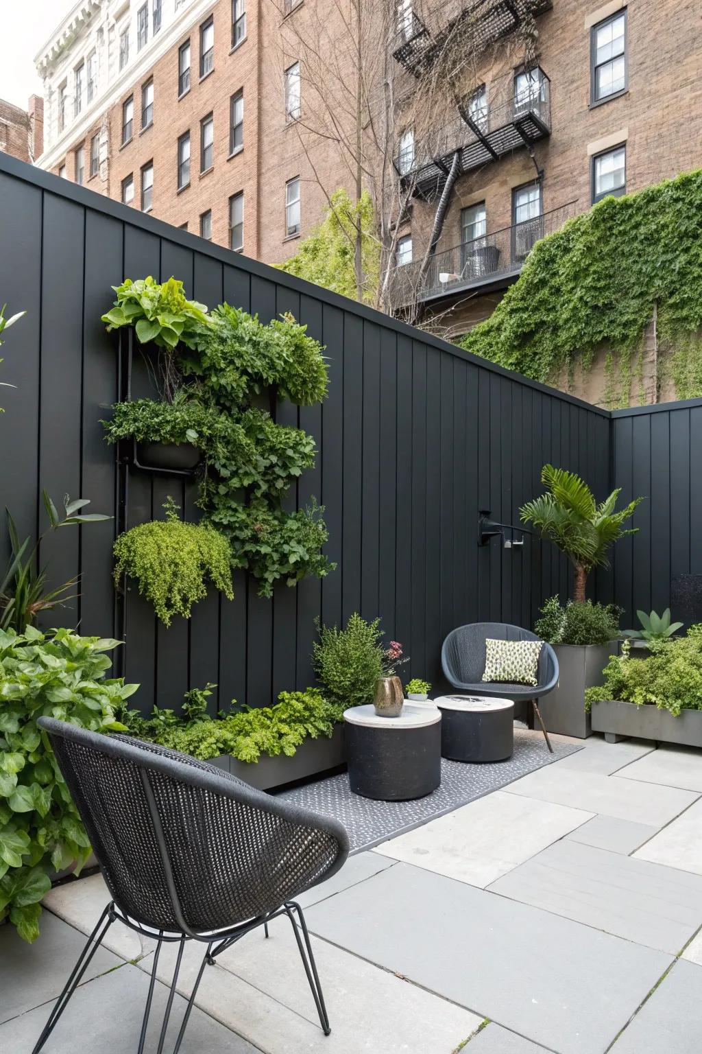 A city haven showcasing a deep charcoal barrier and a vibrant vertical garden.
