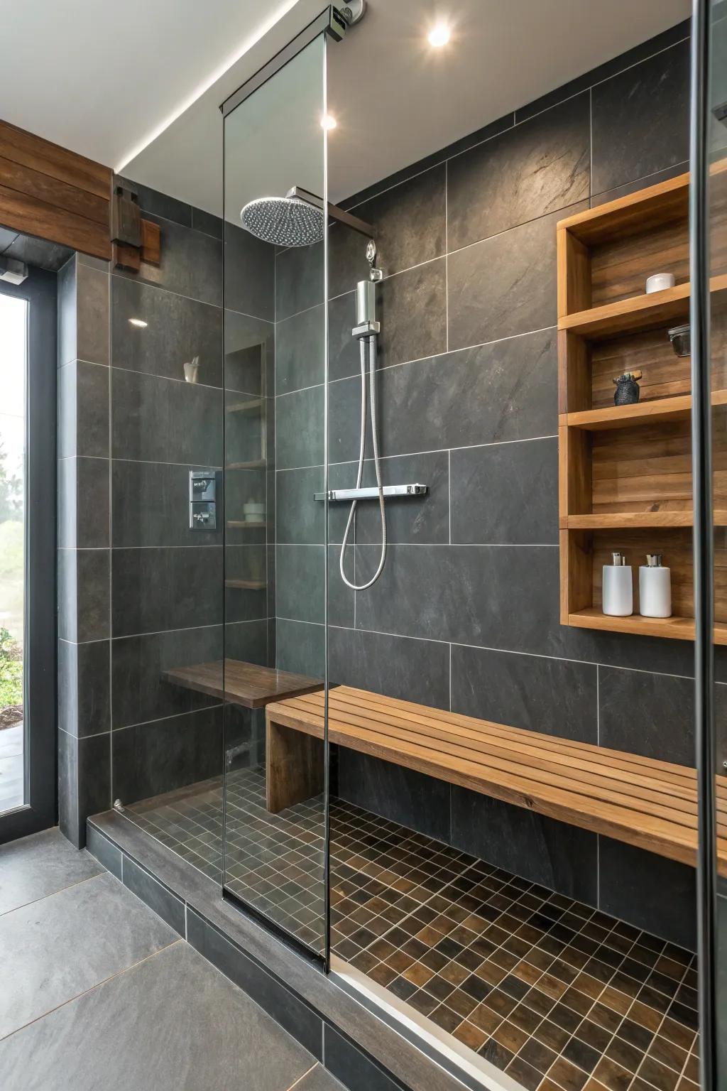 The striking appearance of charcoal tiles is softened by wooden accents.