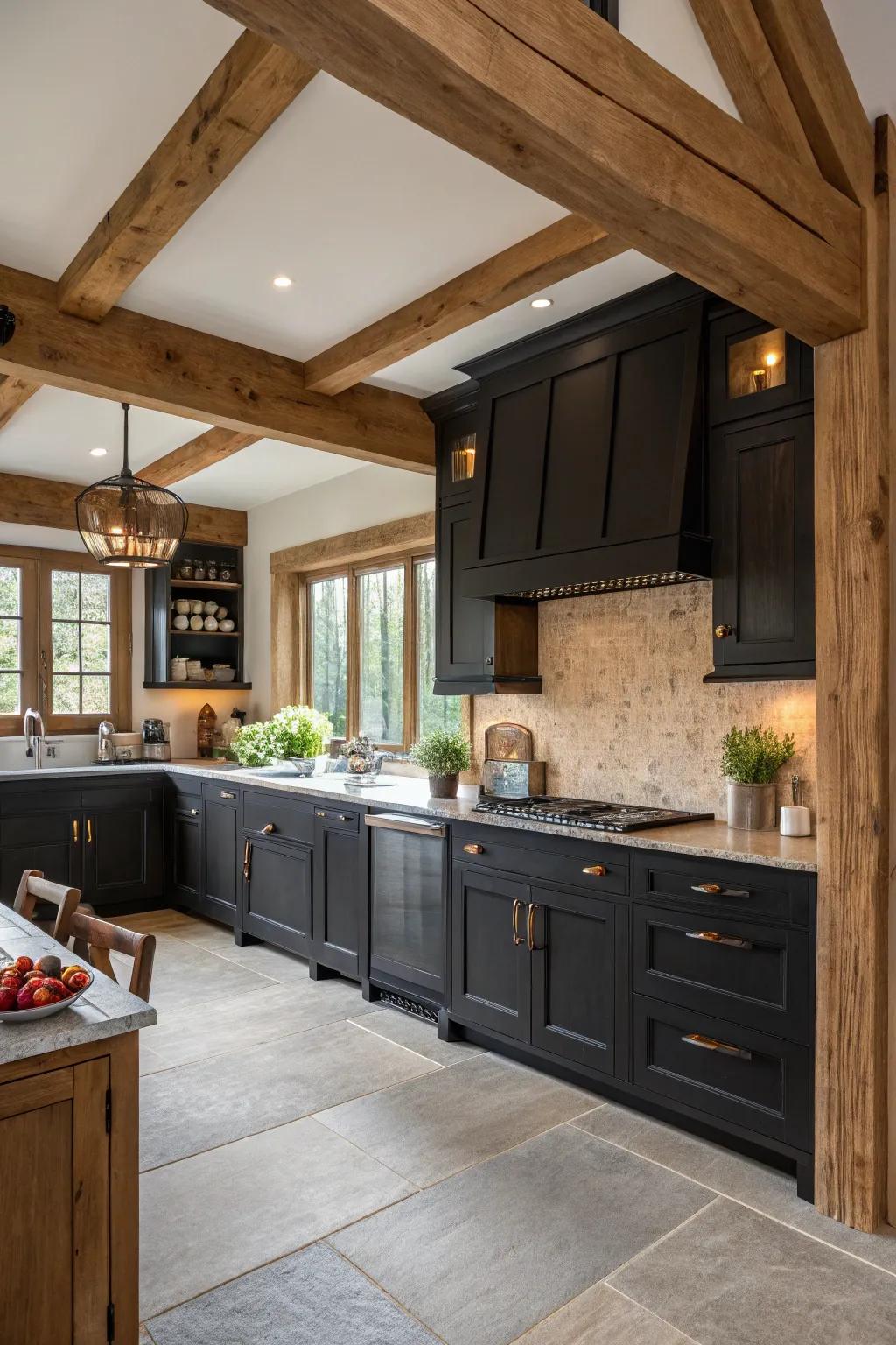 Natural wood accents provide warmth and balance to a modern dark kitchen.