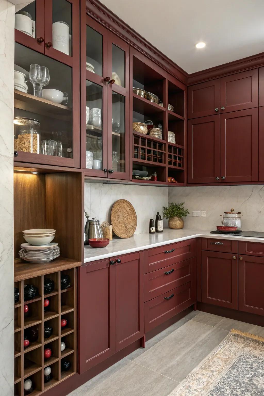 Dark red cabinets paired with open shelving for a personalized touch.