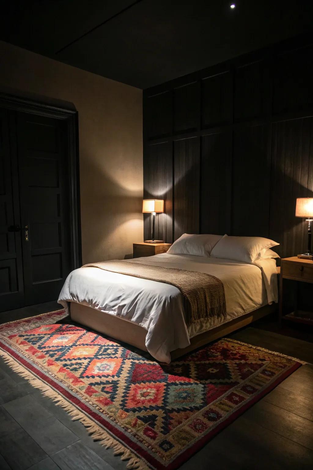 A dark bedroom featuring bright bedding and a contrasting floor covering.