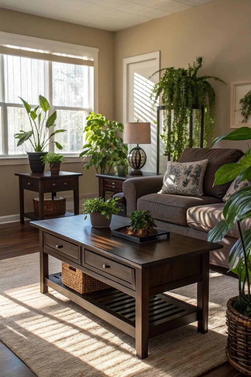 Plants add vitality and contrast to deep-toned wood interiors.