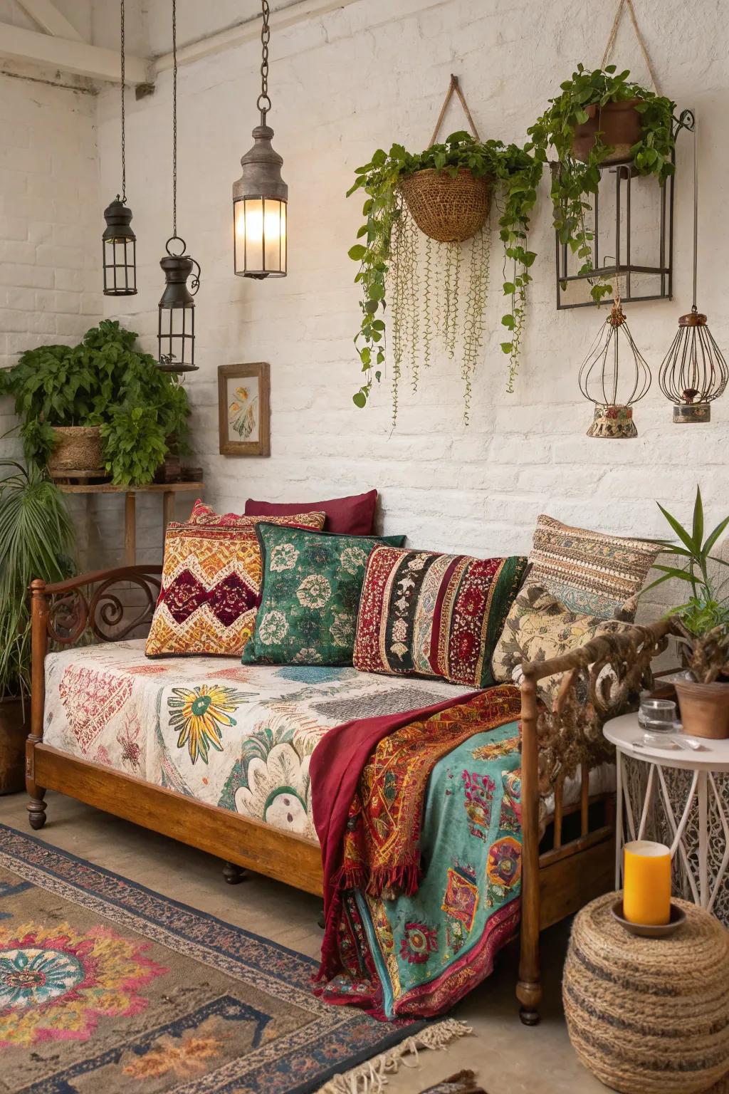 A daybed arrangement with bohemian influences, showcasing vibrant patterns and textures.