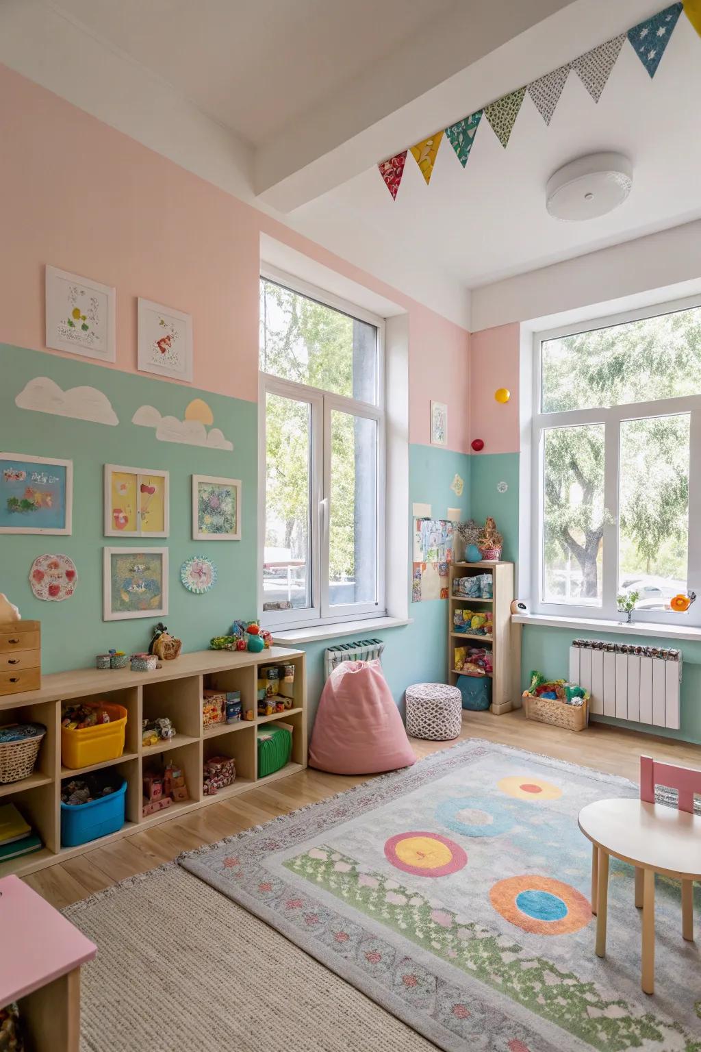 A calming yet stimulating daycare area featuring a blend of vivid and light hues.